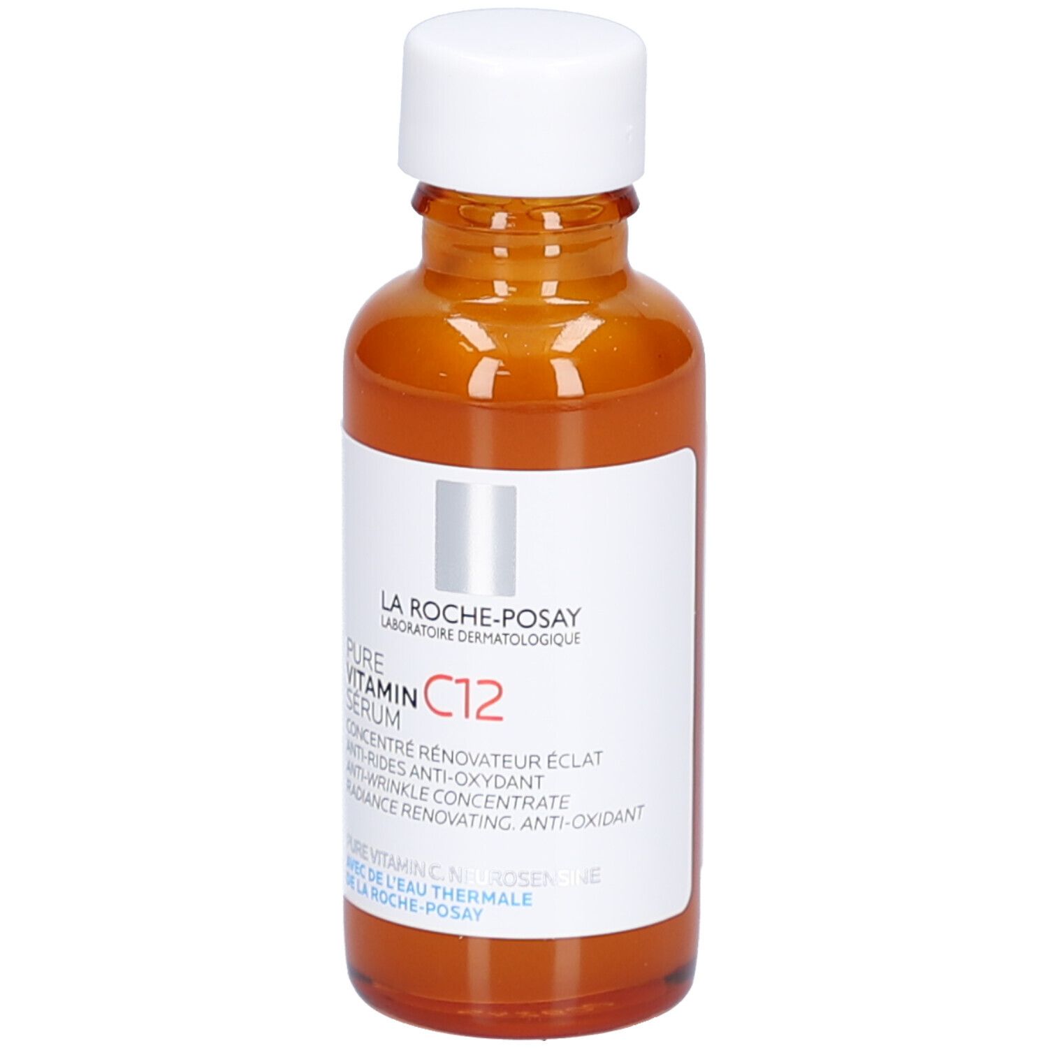 Flacone marrone con tappo bianco. Scritta: Pure Vitamin C12 Serum. Marchio La Roche-Posay.