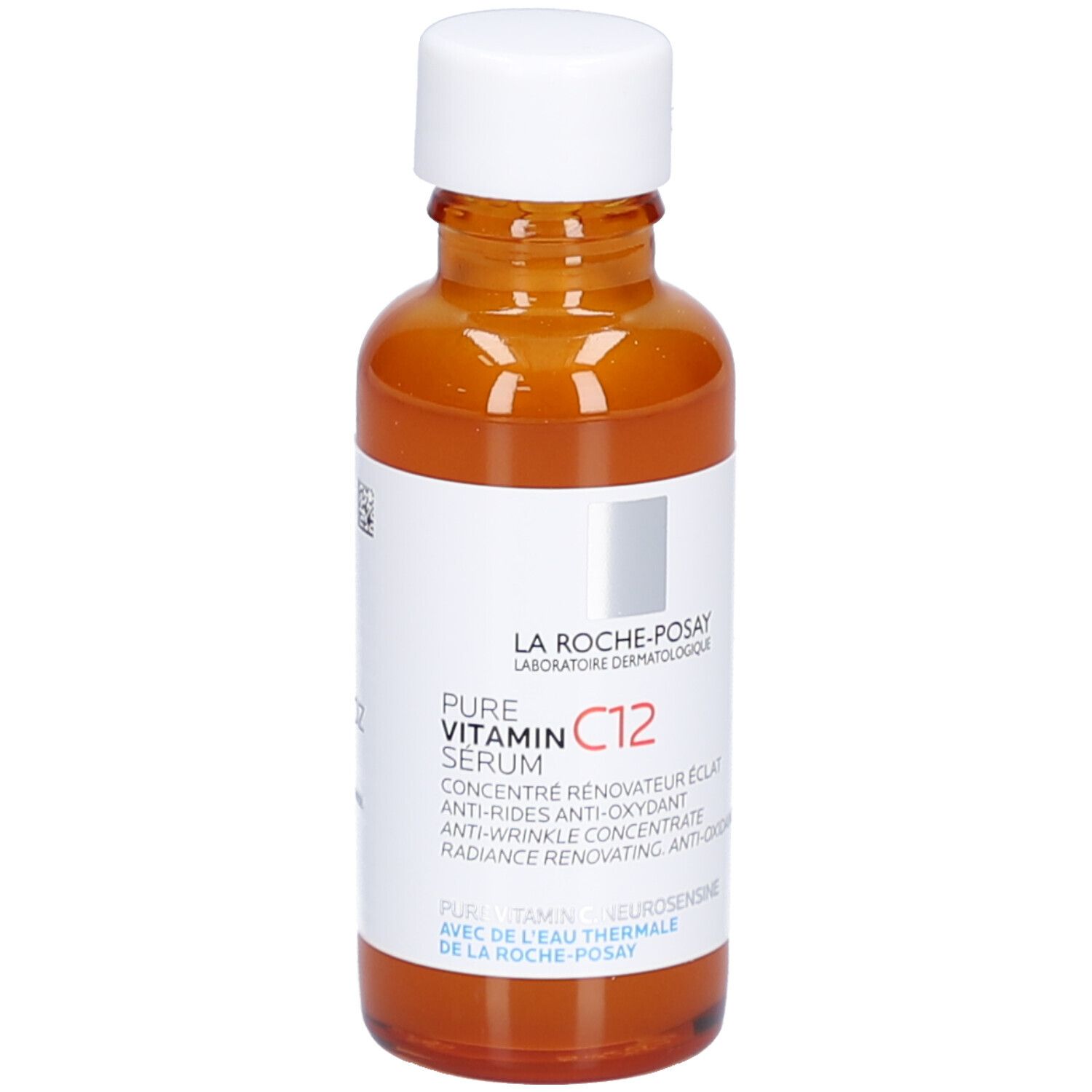 Flacone marrone con tappo bianco. Scritta: Pure Vitamin C12 Serum. Marchio La Roche-Posay.