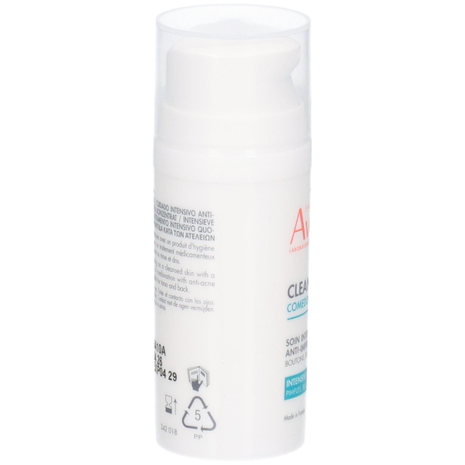 Retro del flacone Avène Cleanance Comedomed+. Testo multilingue.