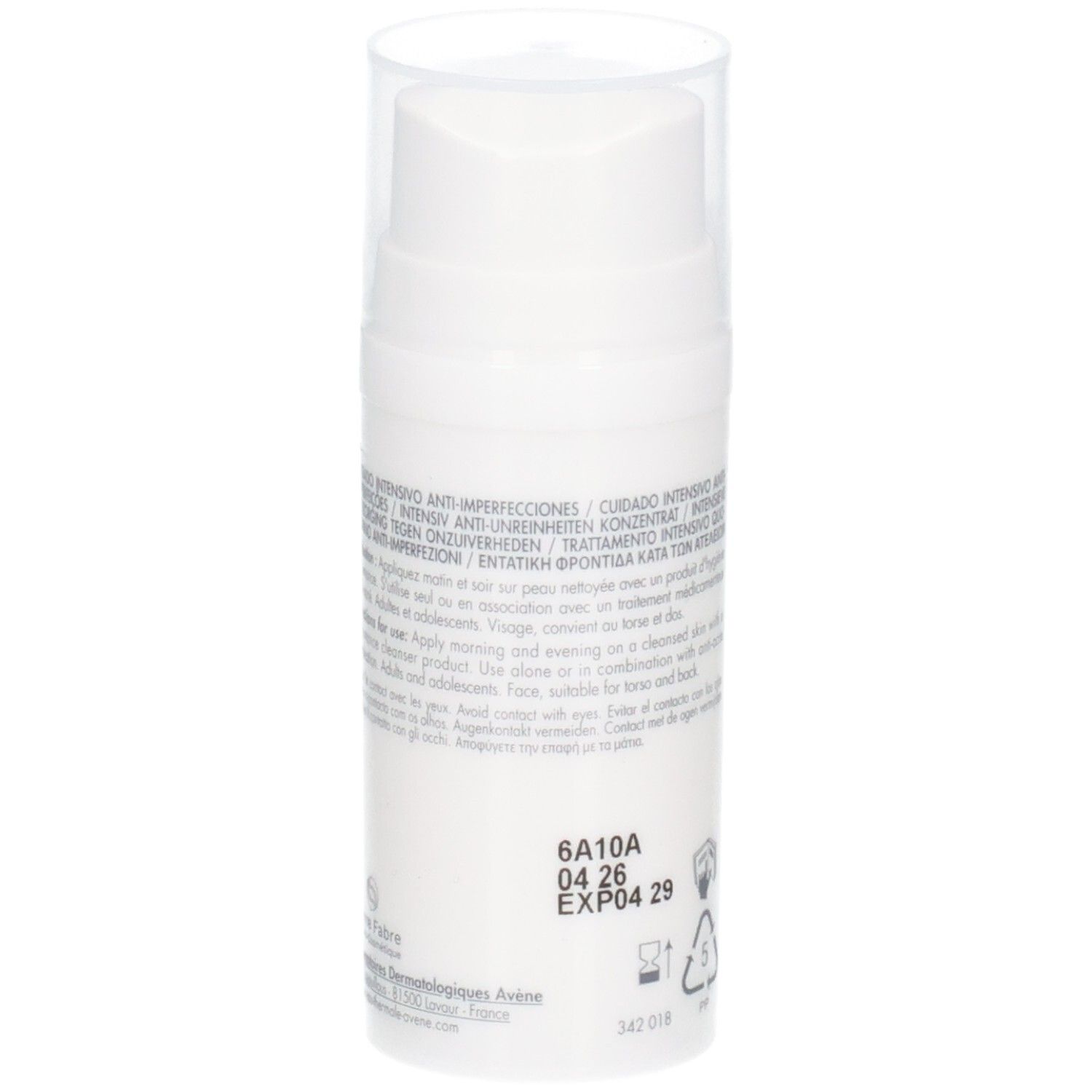 Retro del flacone Avène Cleanance Comedomed+. Testo multilingue.