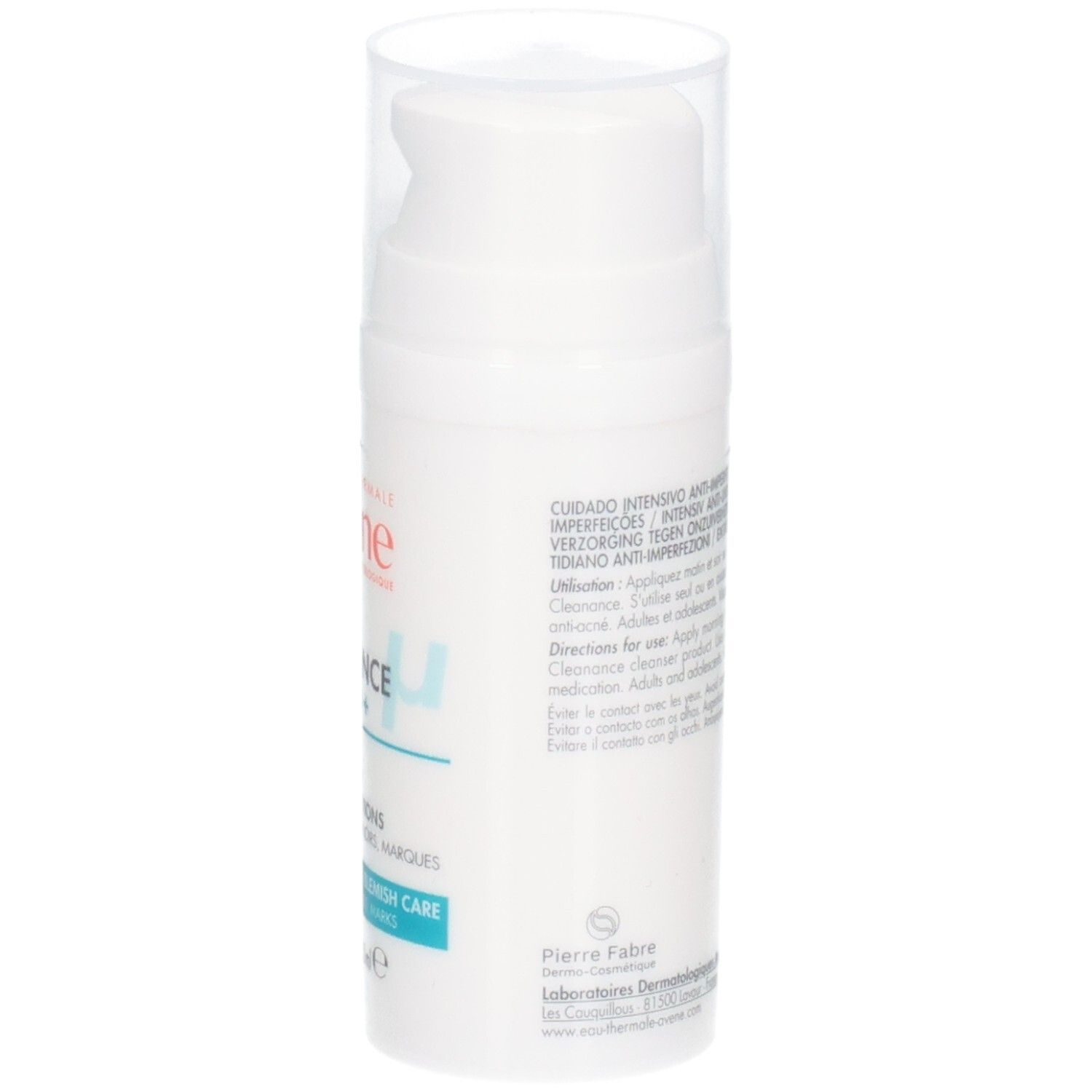 Retro del flacone Avène Cleanance Comedomed+. Testo multilingue.