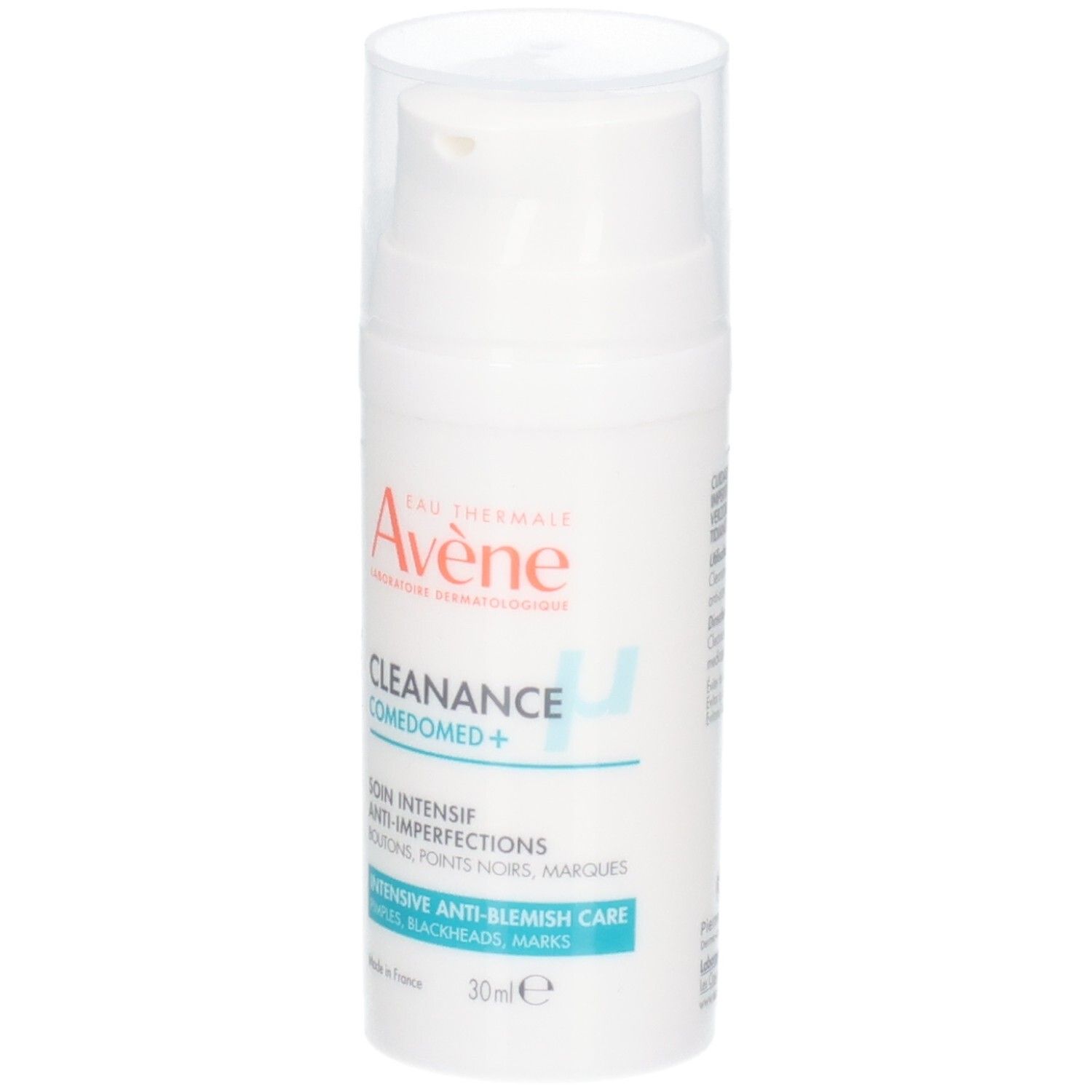 Flacone Avène Cleanance Comedomed+. Bianco, con dosatore. Testo: Cleanance Comedomed+, 30ml.