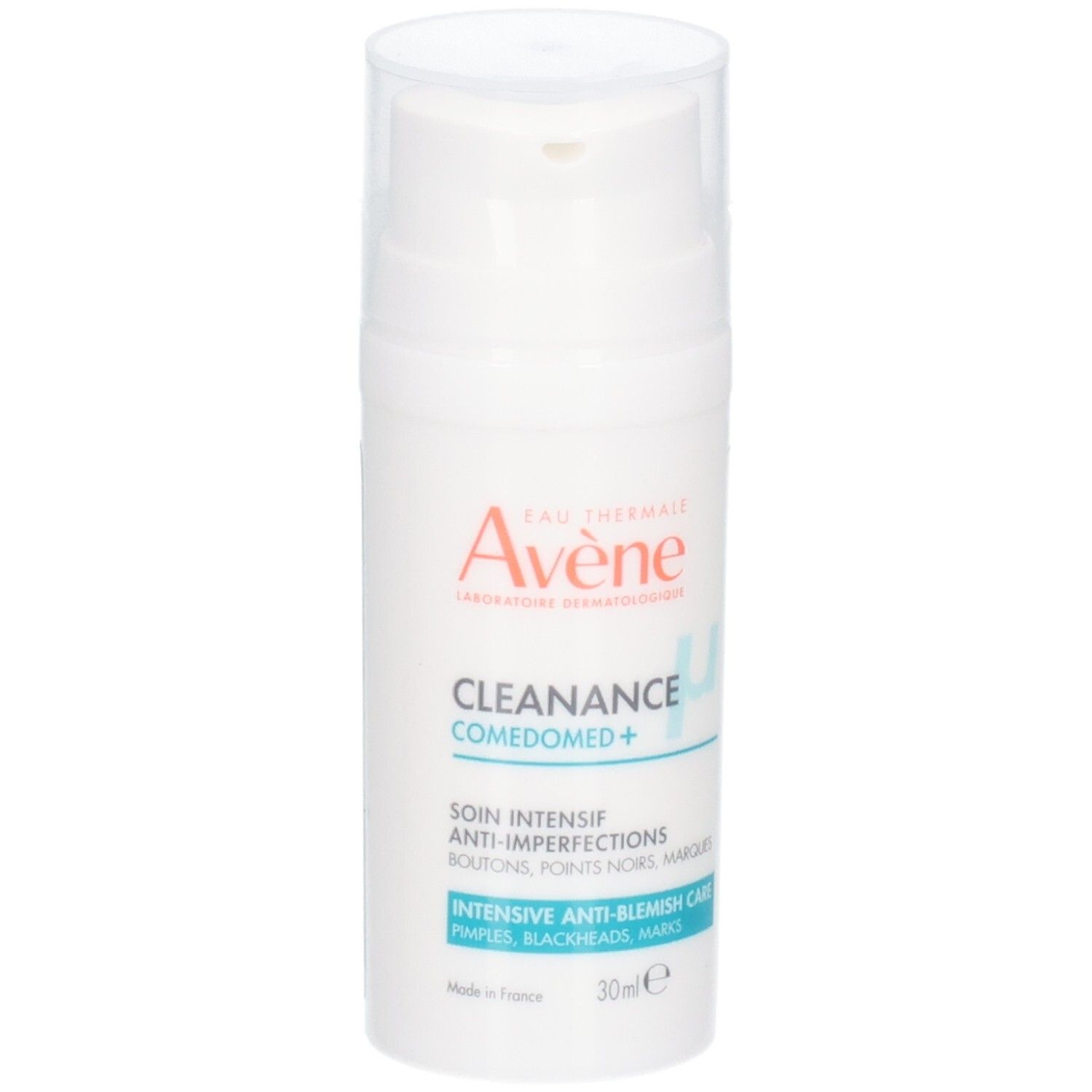 Flacone Avène Cleanance Comedomed+. Bianco, con dosatore. Testo: Cleanance Comedomed+, 30ml.