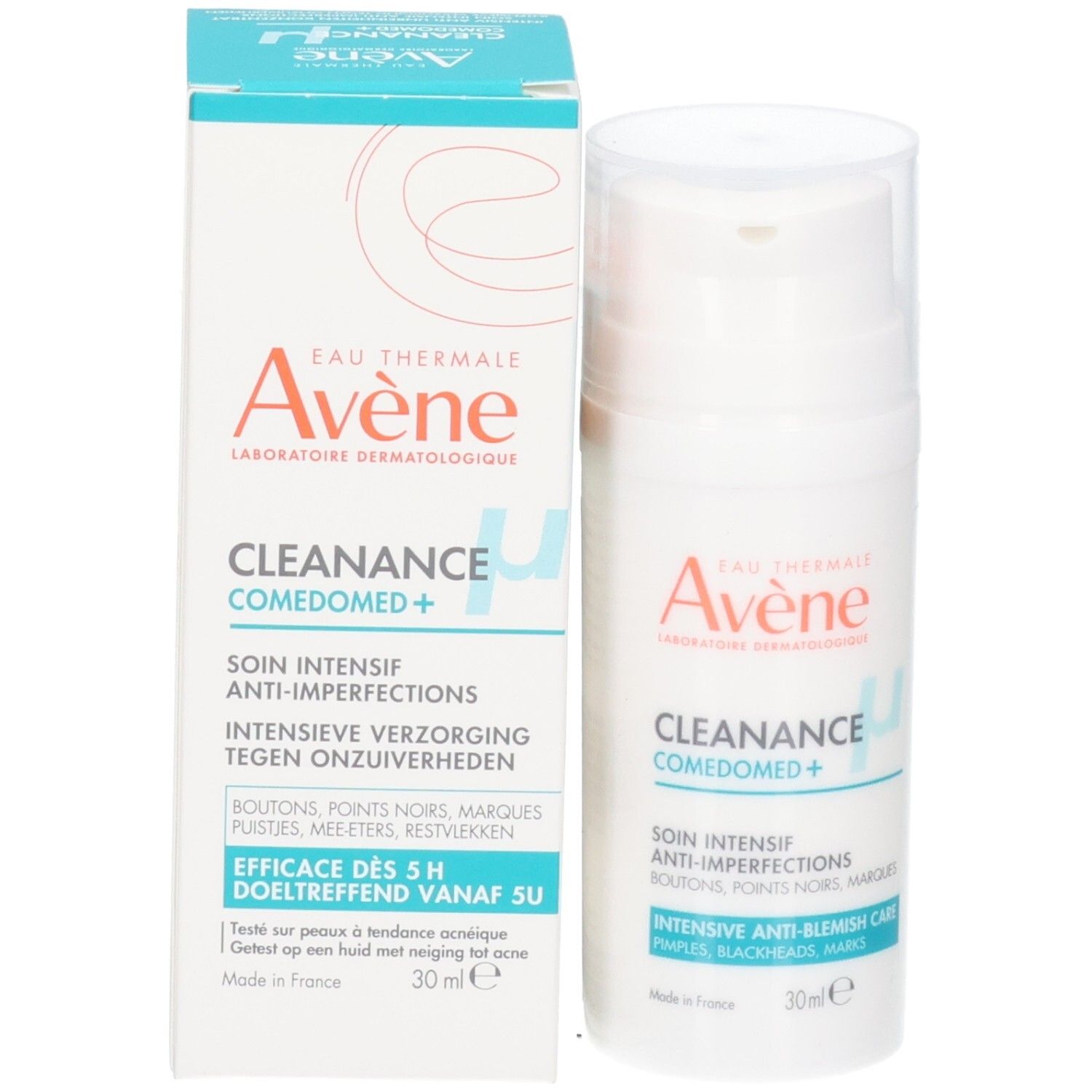 Flacone e confezione Avène Cleanance Comedomed+. Testo: Cleanance Comedomed+, 30ml.