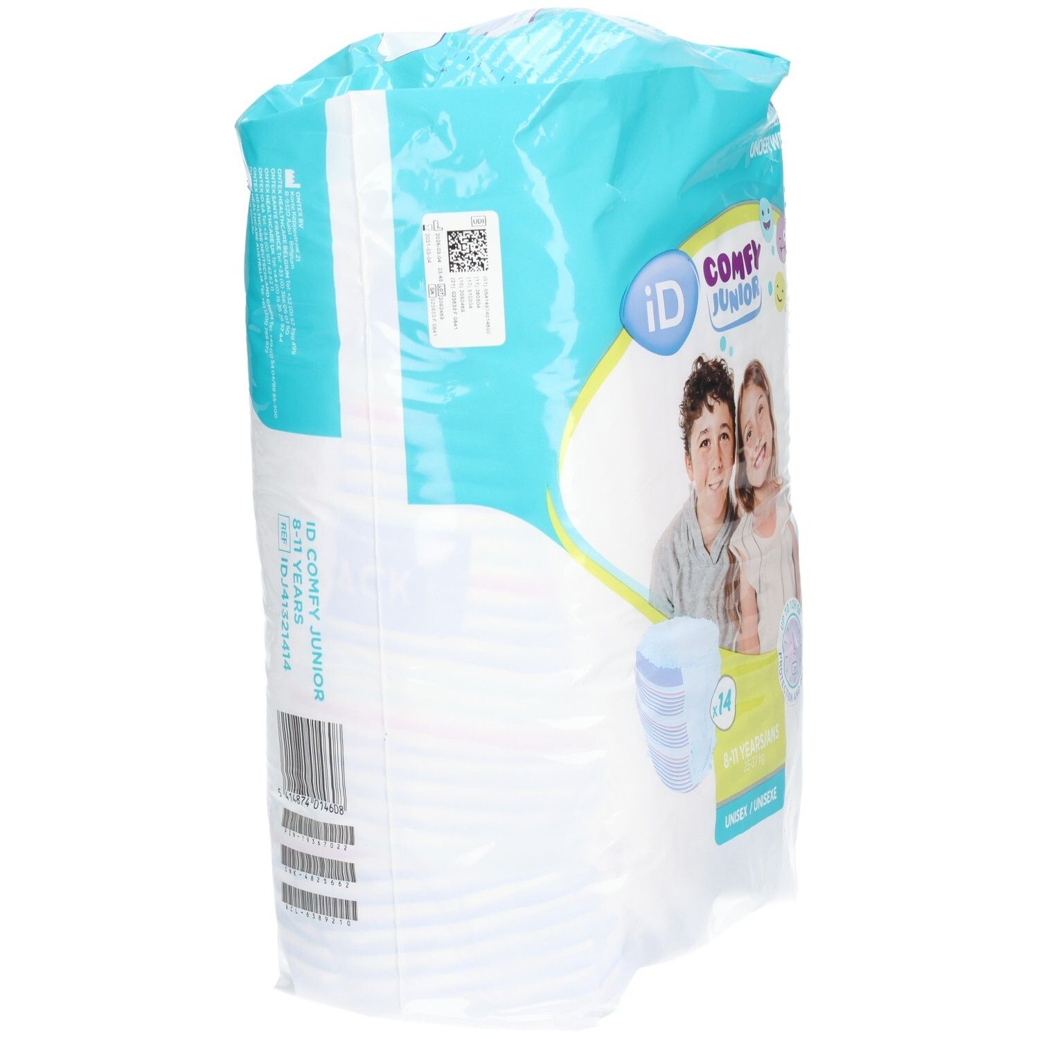 Confezione iD Comfy Junior Pants. Scritto: L, 8-15 anni. Vista posteriore della confezione. Certificazione PEFC.