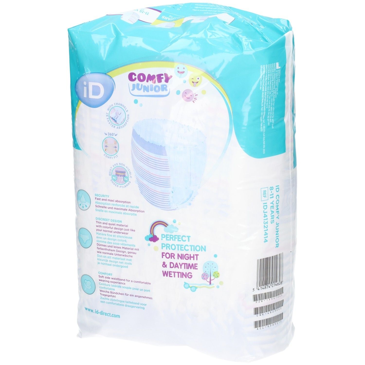 Confezione iD Comfy Junior Pants. Scritto: Perfect Protection, per giorno e notte. Design a mutandina. Informazioni sul prodotto.