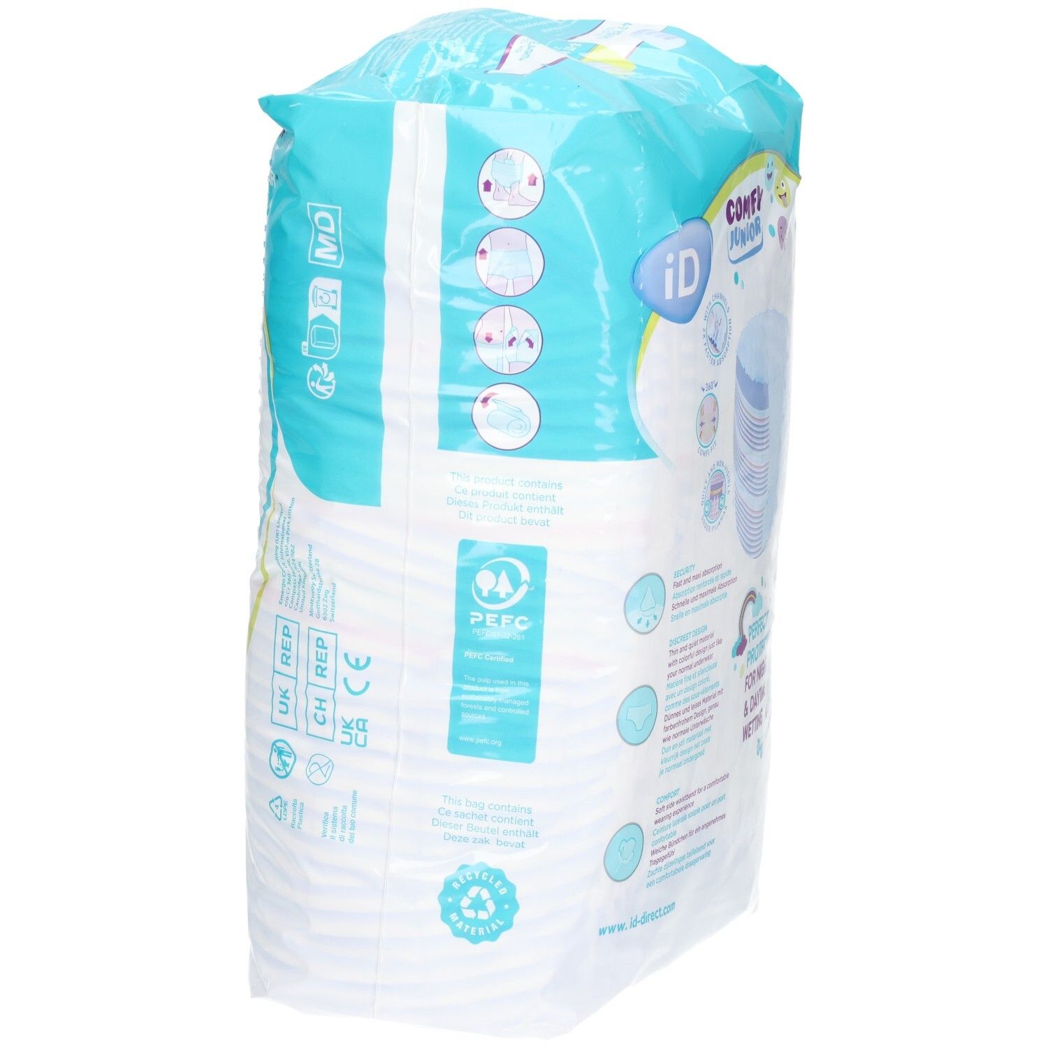 Confezione iD Comfy Junior Pants. Scritto: iD Comfy Junior. Vista laterale. Codice a barre e informazioni sul prodotto.