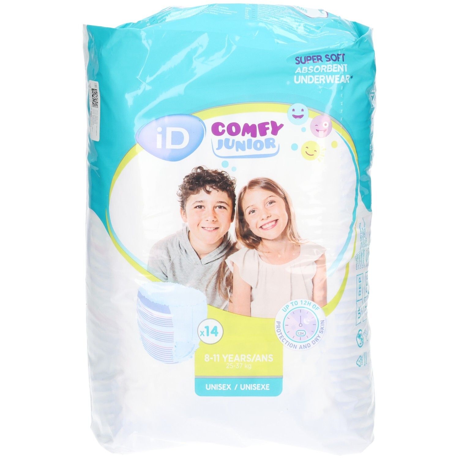 Confezione iD Comfy Junior Pants. Scritto: 14 pezzi, 8-15 anni, unisex. Immagine di due ragazzi.