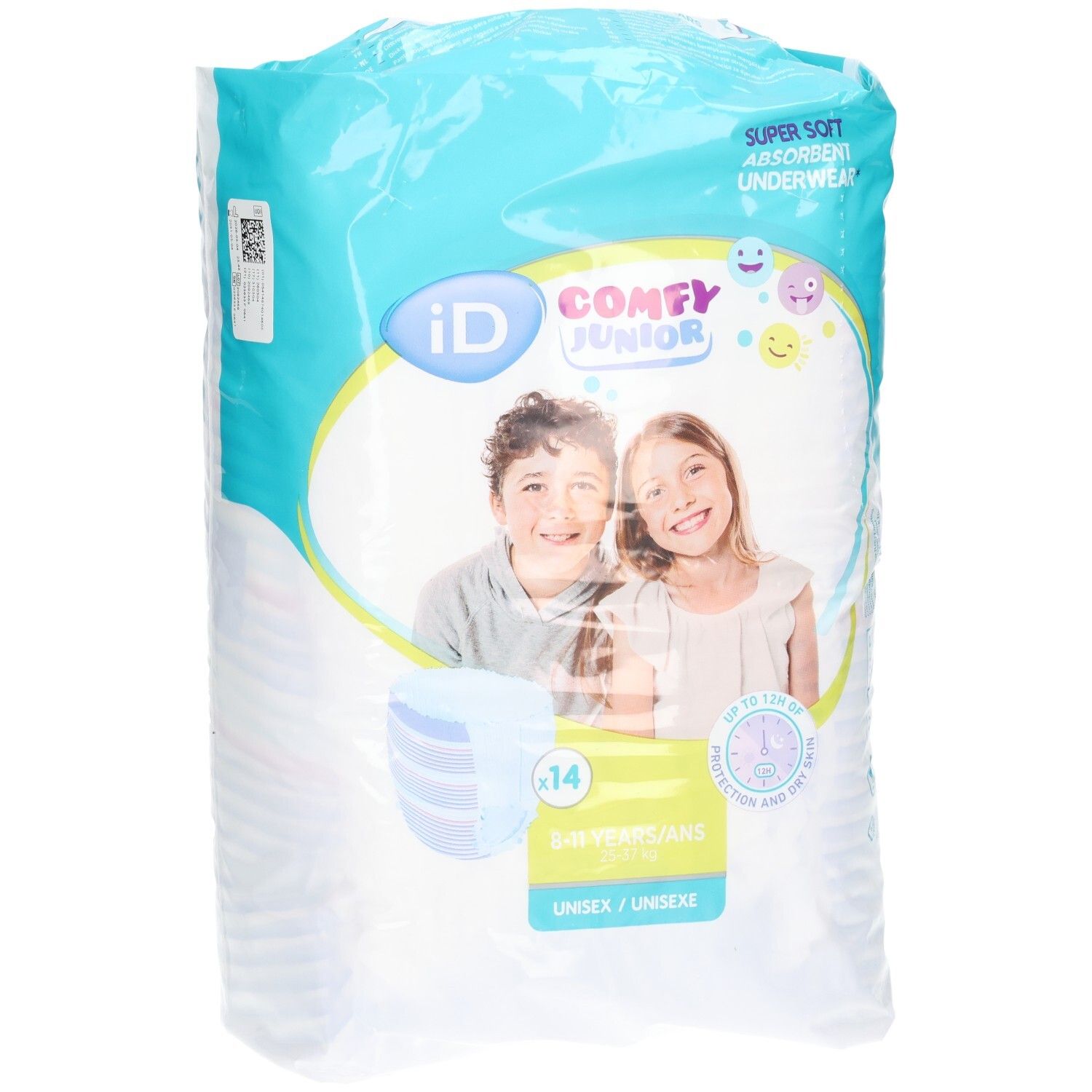 Confezione iD Comfy Junior Pants. Scritto: 14 pezzi, 8-15 anni, unisex. Immagine di due ragazzi.