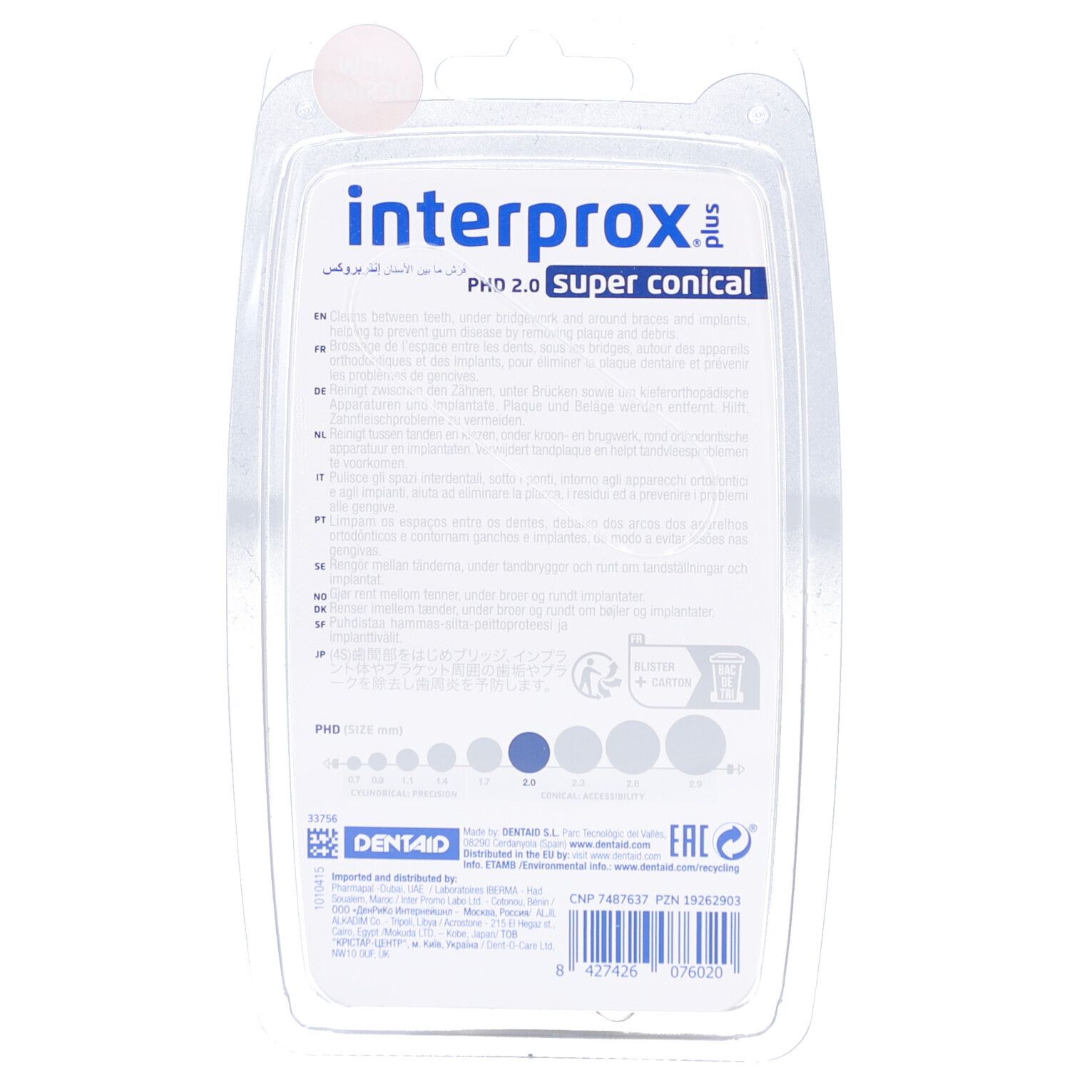 Retro della confezione degli scovolini Interprox Plus. Testo multilingue e indicazioni delle dimensioni.