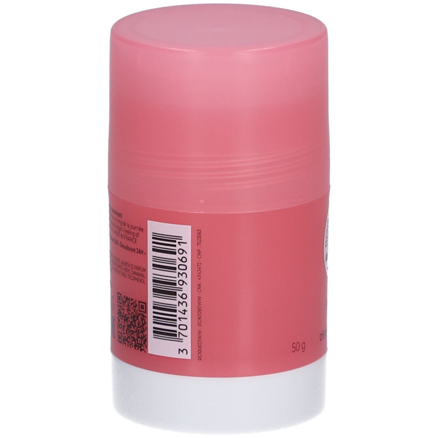Stick deodorante rosa, base bianca. Retro con codice a barre e testo. 50 g.