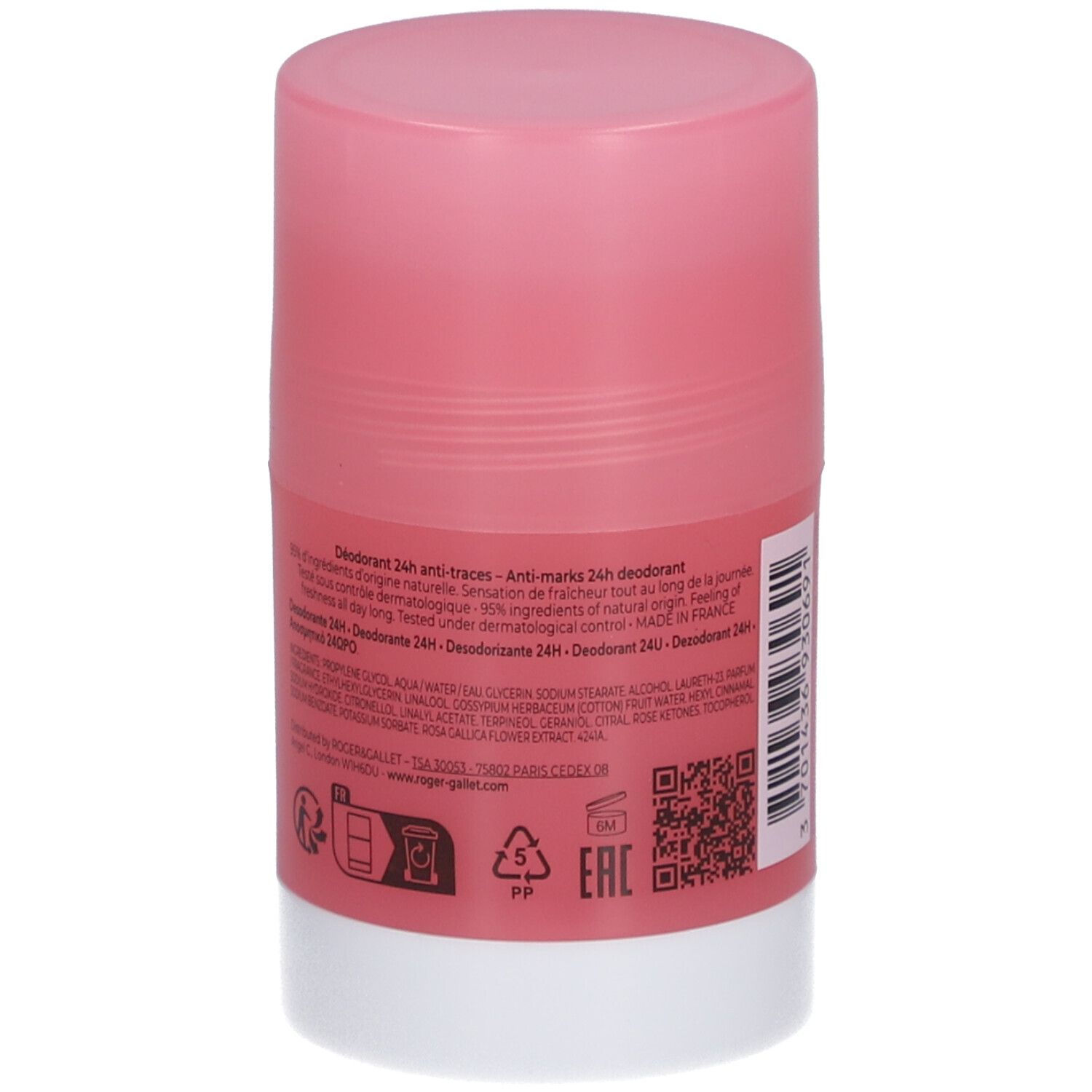 Stick deodorante rosa, base bianca. Testo: Deodorante 24h anti-tracce. 50 g.