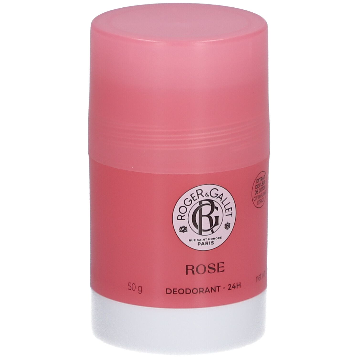 Stick deodorante rosa, base bianca. Logo e testo: Rose, Deodorante 24H. 50 g.