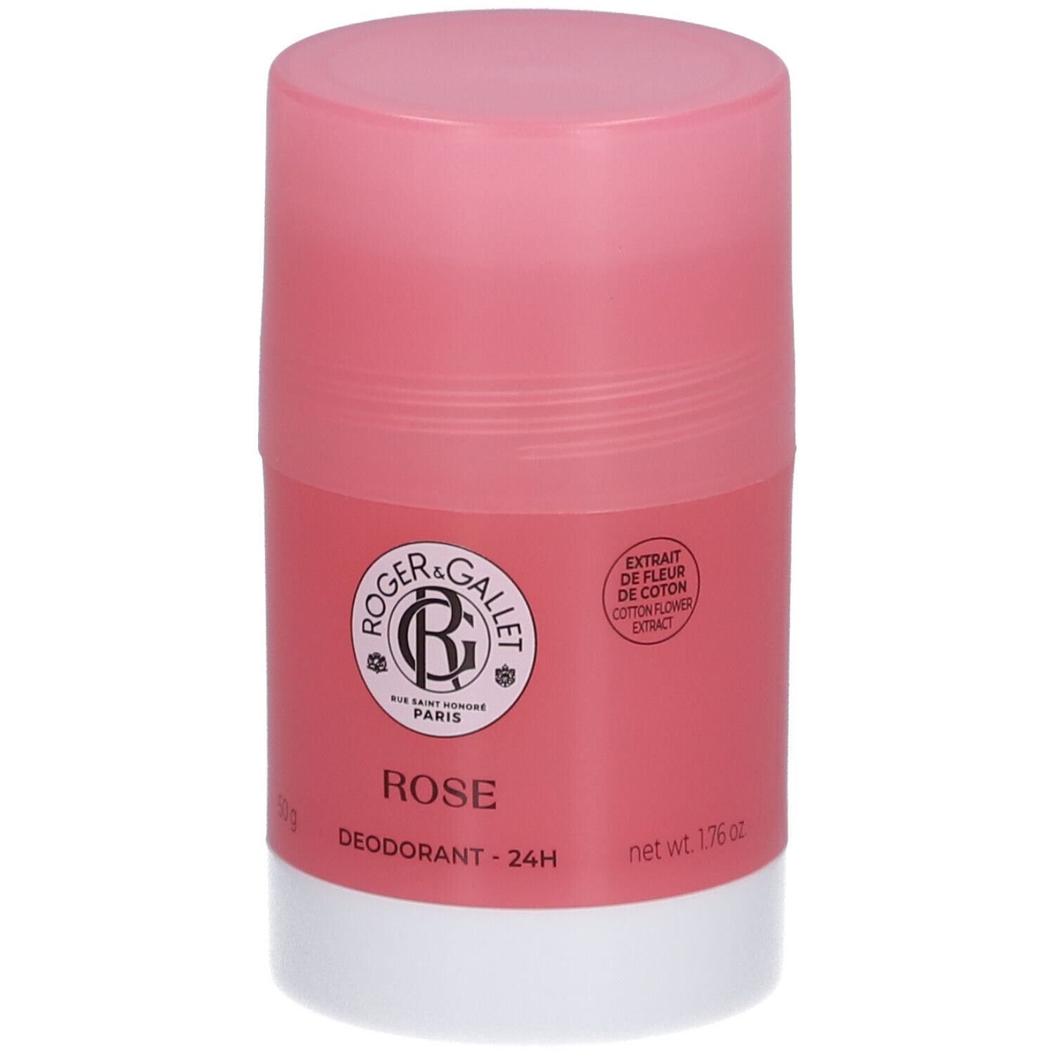 Stick deodorante rosa, base bianca. Logo e testo: Rose, Deodorante 24H. Netto 1.76 oz.