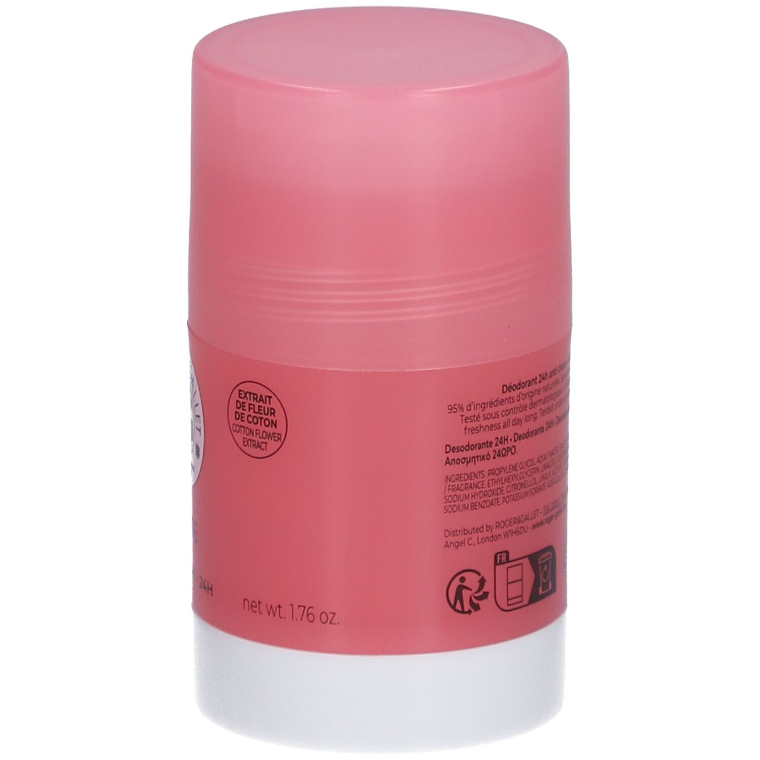 Stick deodorante rosa, base bianca. Retro con testo. Netto 1.76 oz.