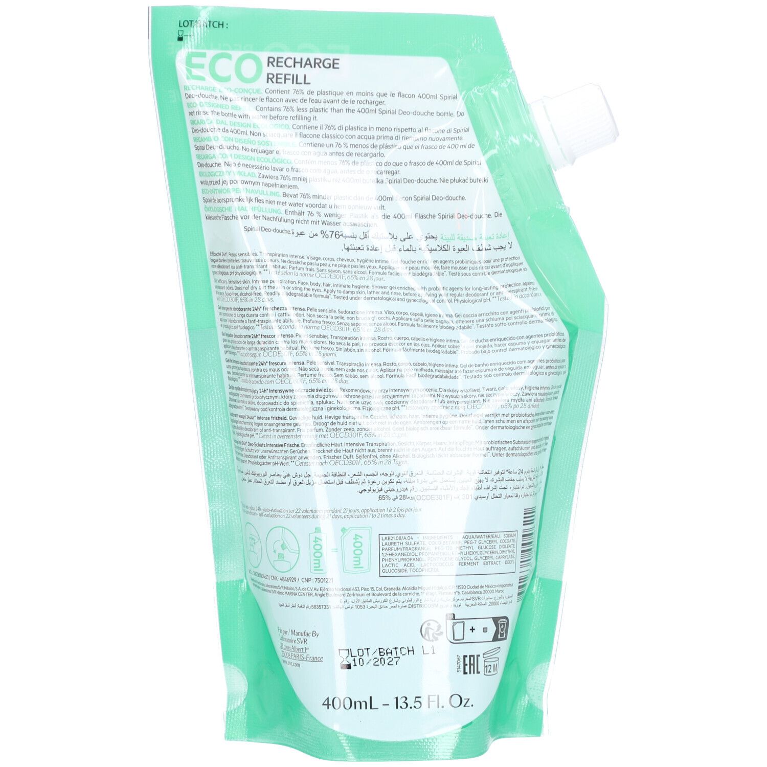 Retro della ricarica verde. Testo in più lingue. ECO RECHARGE. 400ml - 13.5 Fl. Oz. Data di scadenza.
