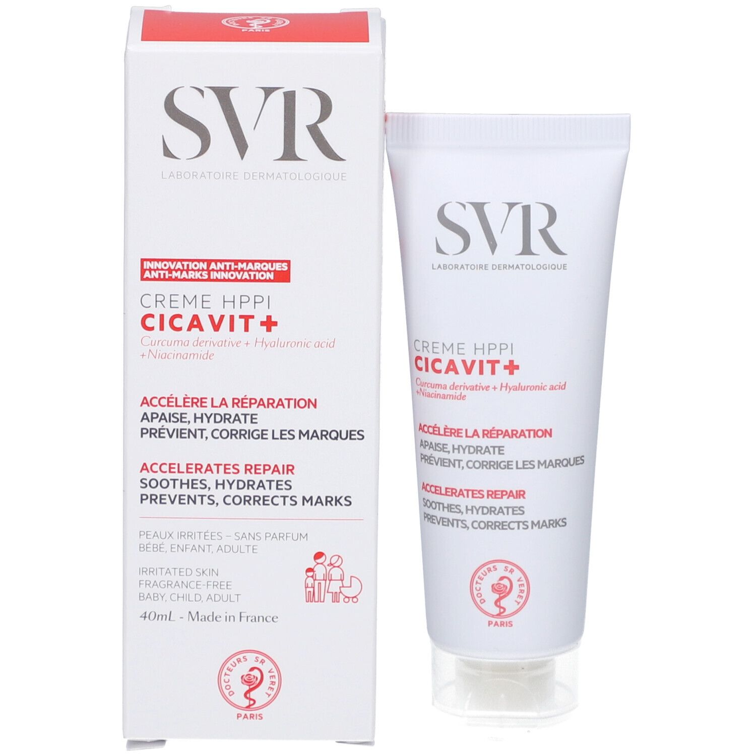 Confezione del prodotto. Tubo e scatola. SVR Crème HPPI Cicavit+. Contiene acido ialuronico. 40ml.