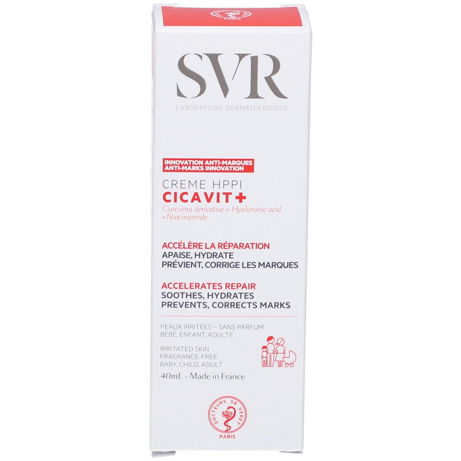 Confezione del prodotto. Scatola con SVR Crème HPPI Cicavit+. Contiene acido ialuronico. 40ml.