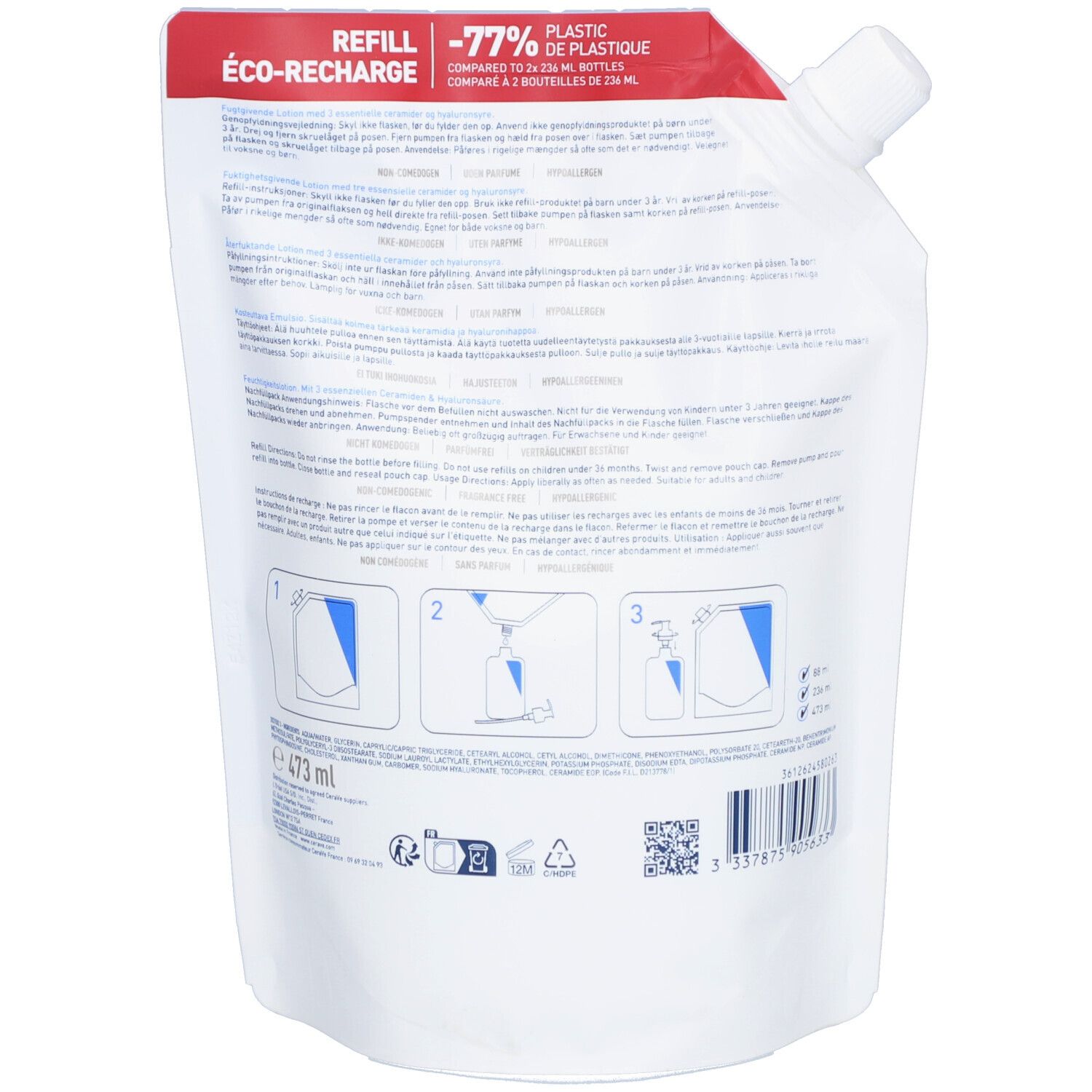 Retro della ricarica CeraVe Lait Hydratant. Istruzioni e codice QR visibili.