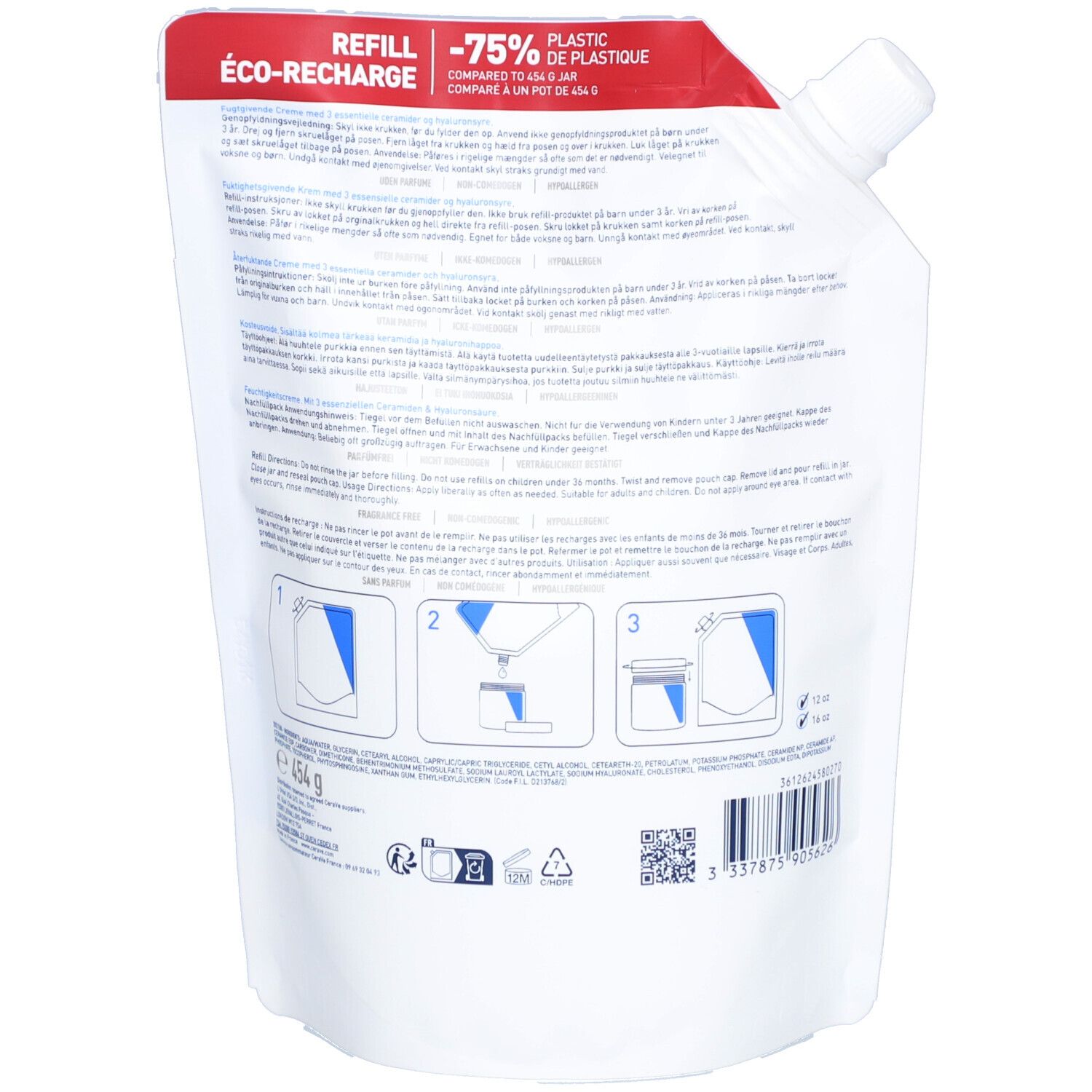 Retro del sacchetto di ricarica CeraVe Baume Hydratant. Testo e istruzioni multilingue. Eco-ricarica.