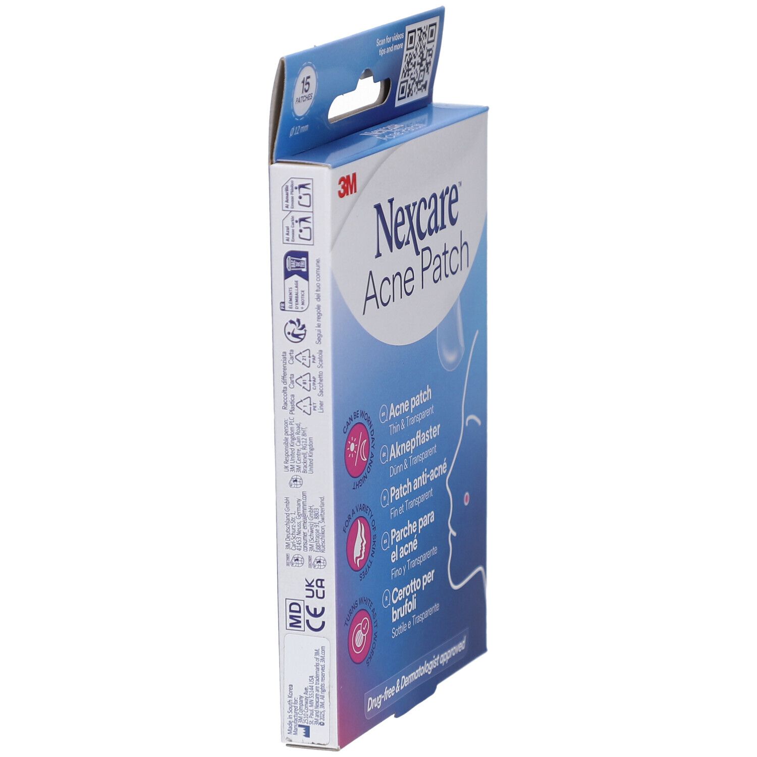 Vista laterale della confezione Nexcare™ Acne Patch. Testo: Acne Patch, sottile e trasparente. Certificazione FSC.