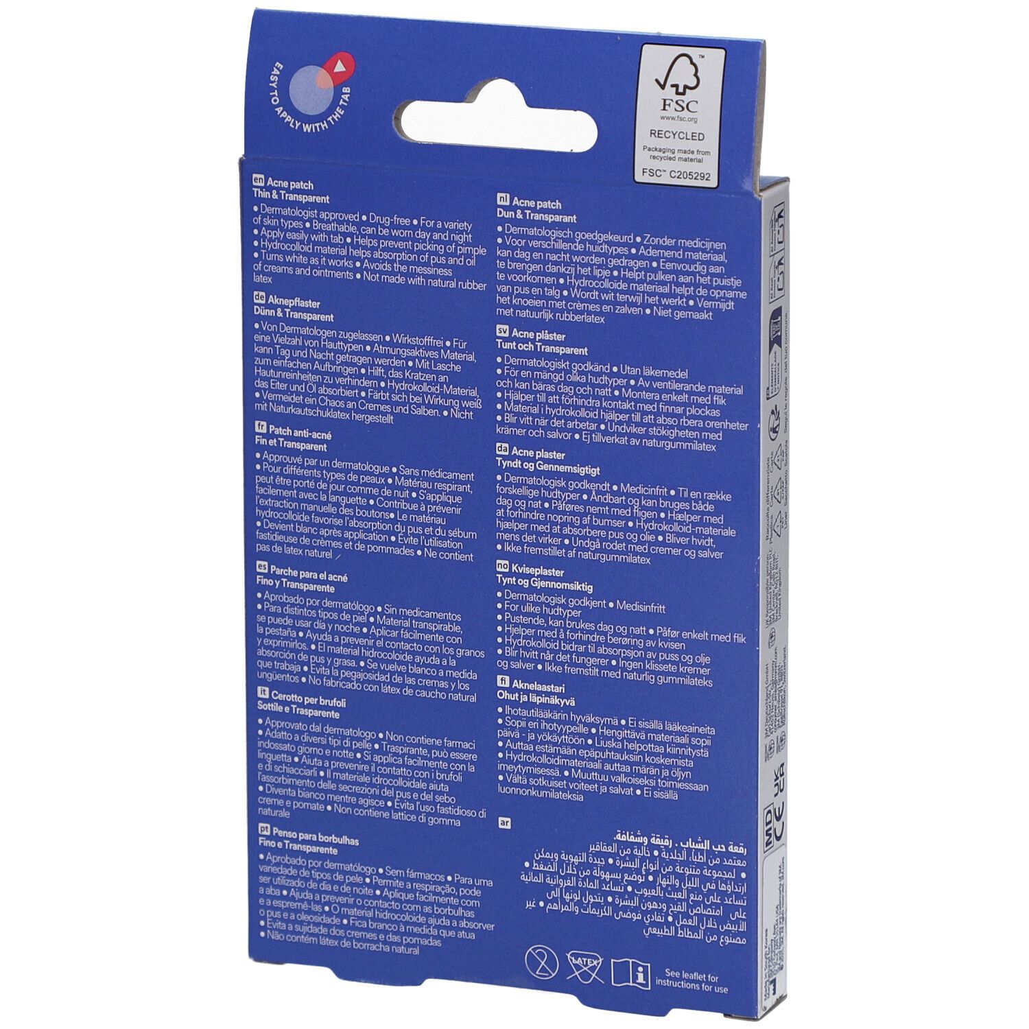Retro della confezione Nexcare™ Acne Patch. Testo multilingue. Certificazione FSC.