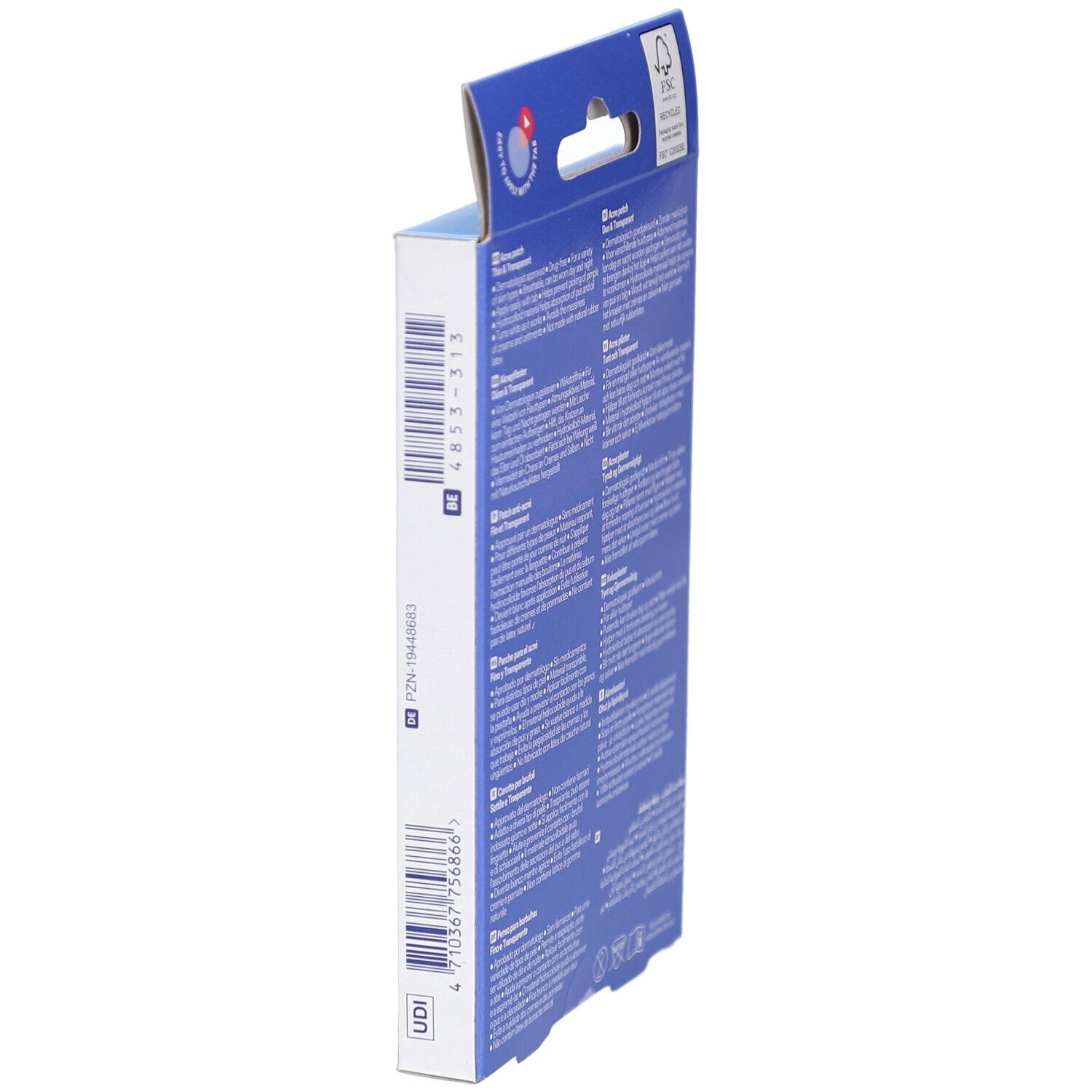Vista laterale della confezione Nexcare™ Acne Patch. Testo e codice UDI.