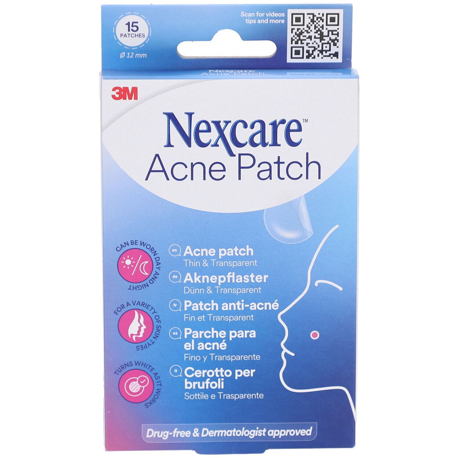 Confezione di Nexcare™ Acne Patch. 15 cerotti, diametro 12 mm. Testo: Acne Patch, sottile e trasparente.