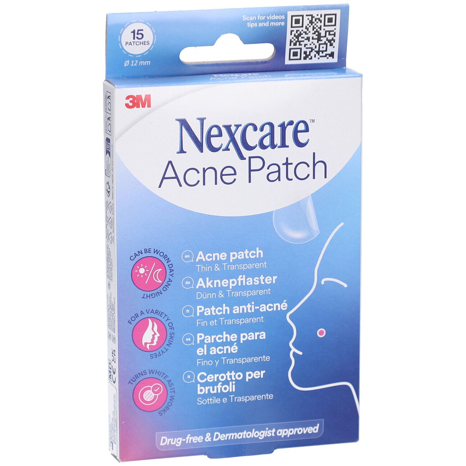 Confezione di Nexcare™ Acne Patch. 15 cerotti, diametro 12 mm. Testo: Acne Patch, sottile e trasparente.
