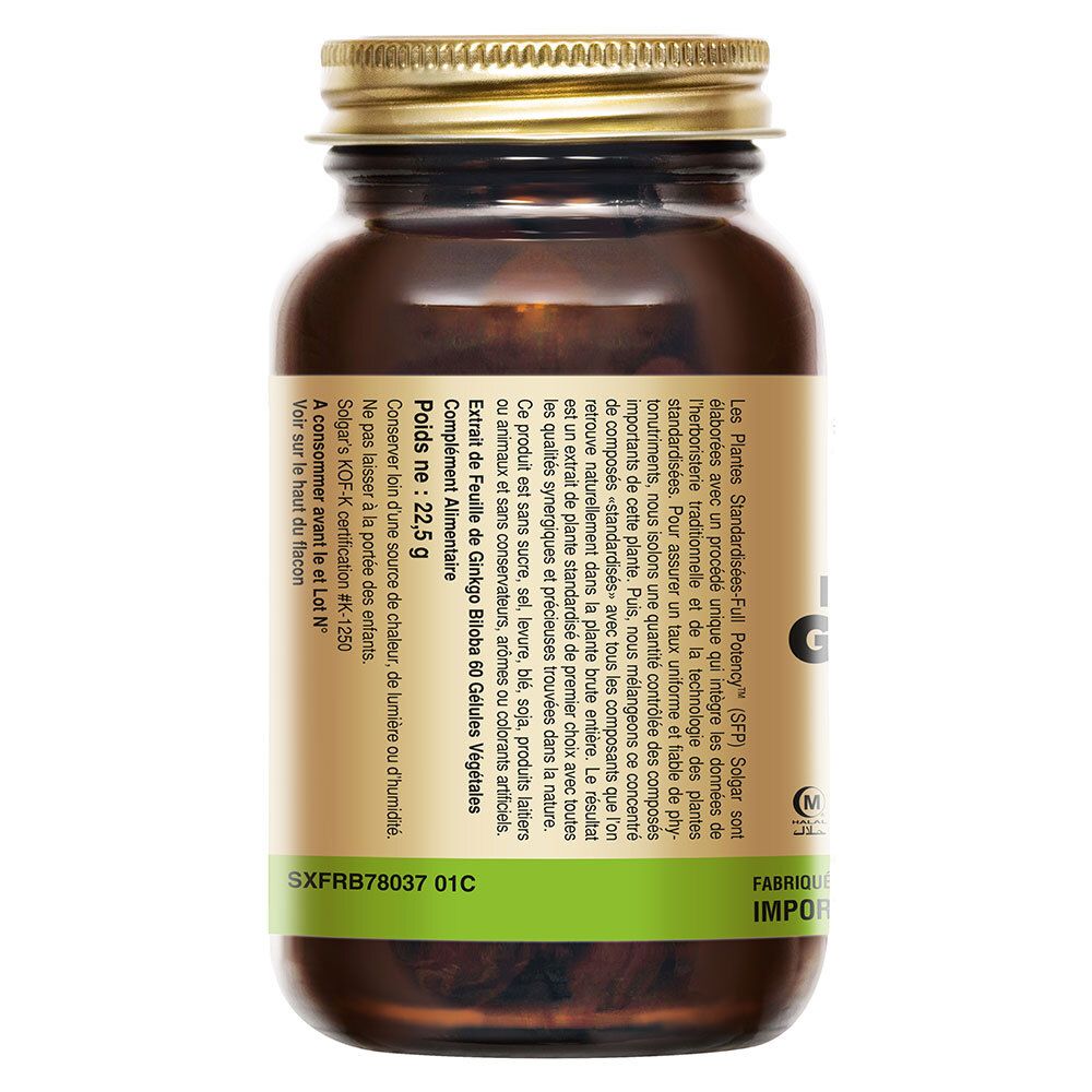 Retro del flacone di vetro marrone. Etichetta con testo e informazioni nutrizionali. Striscia verde in basso.
