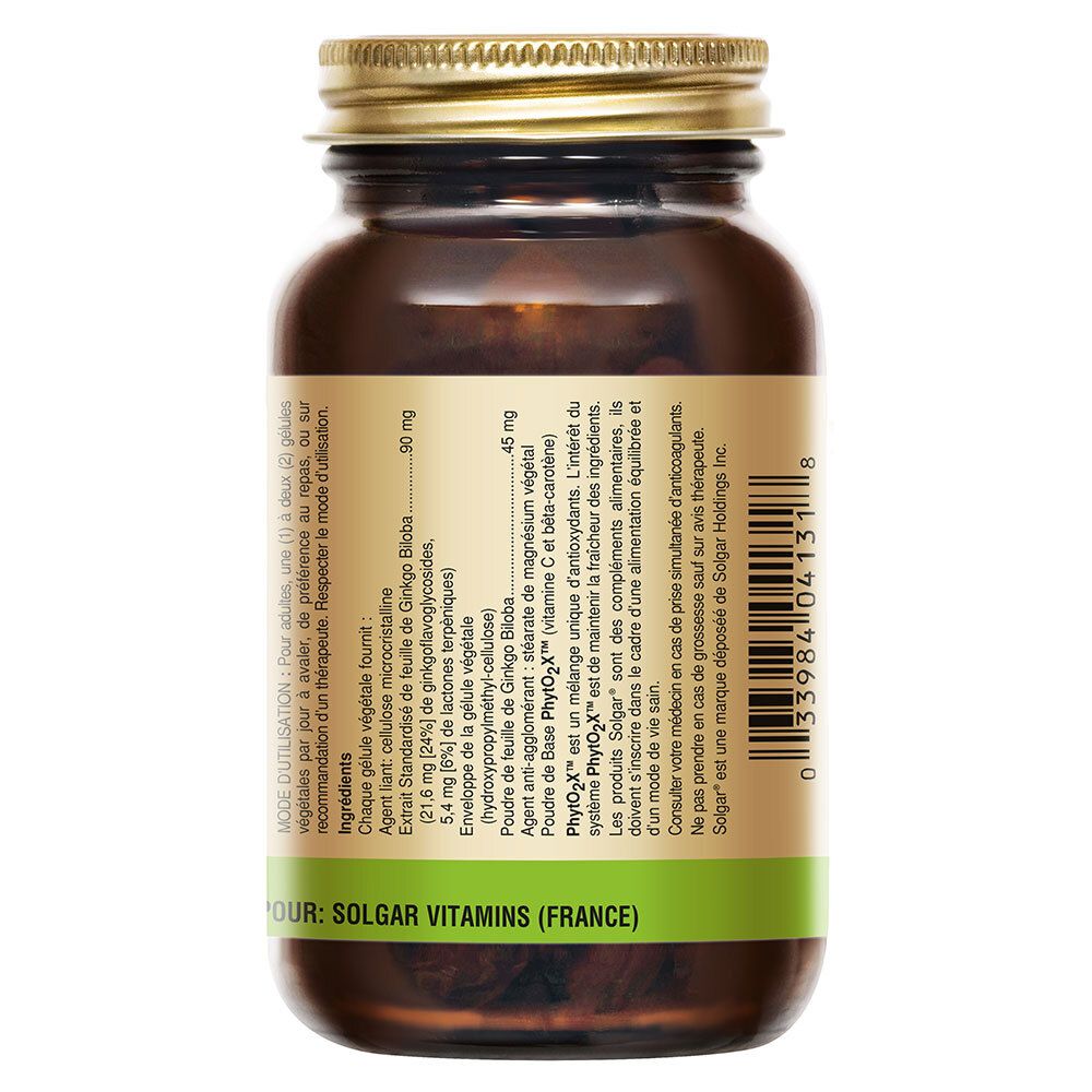 Retro del flacone di vetro marrone. Etichetta con testo e informazioni nutrizionali. Striscia verde in basso.