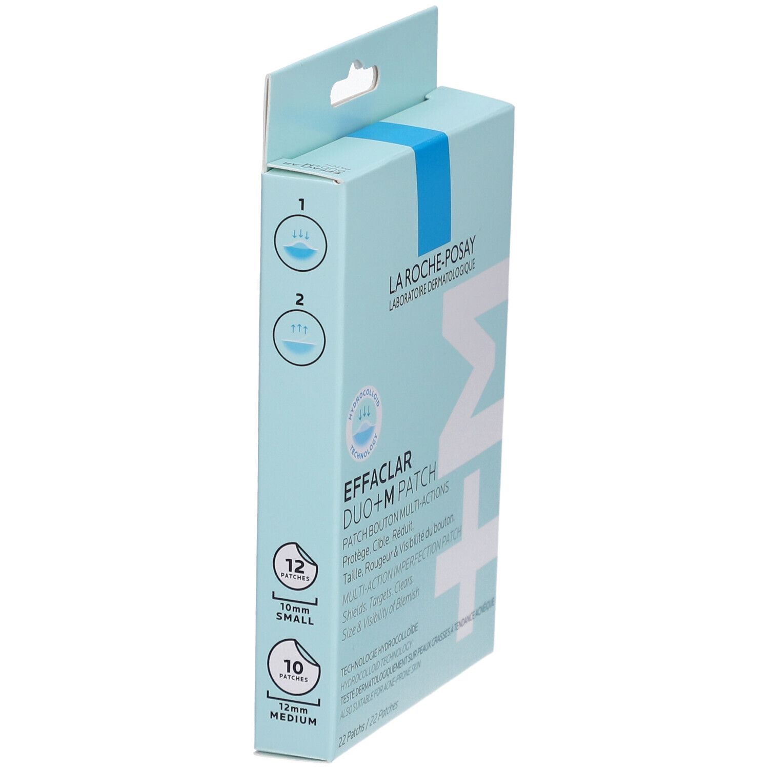 Scatola azzurra Effaclar Duo+M Patch. Vista laterale con informazioni e dimensioni.