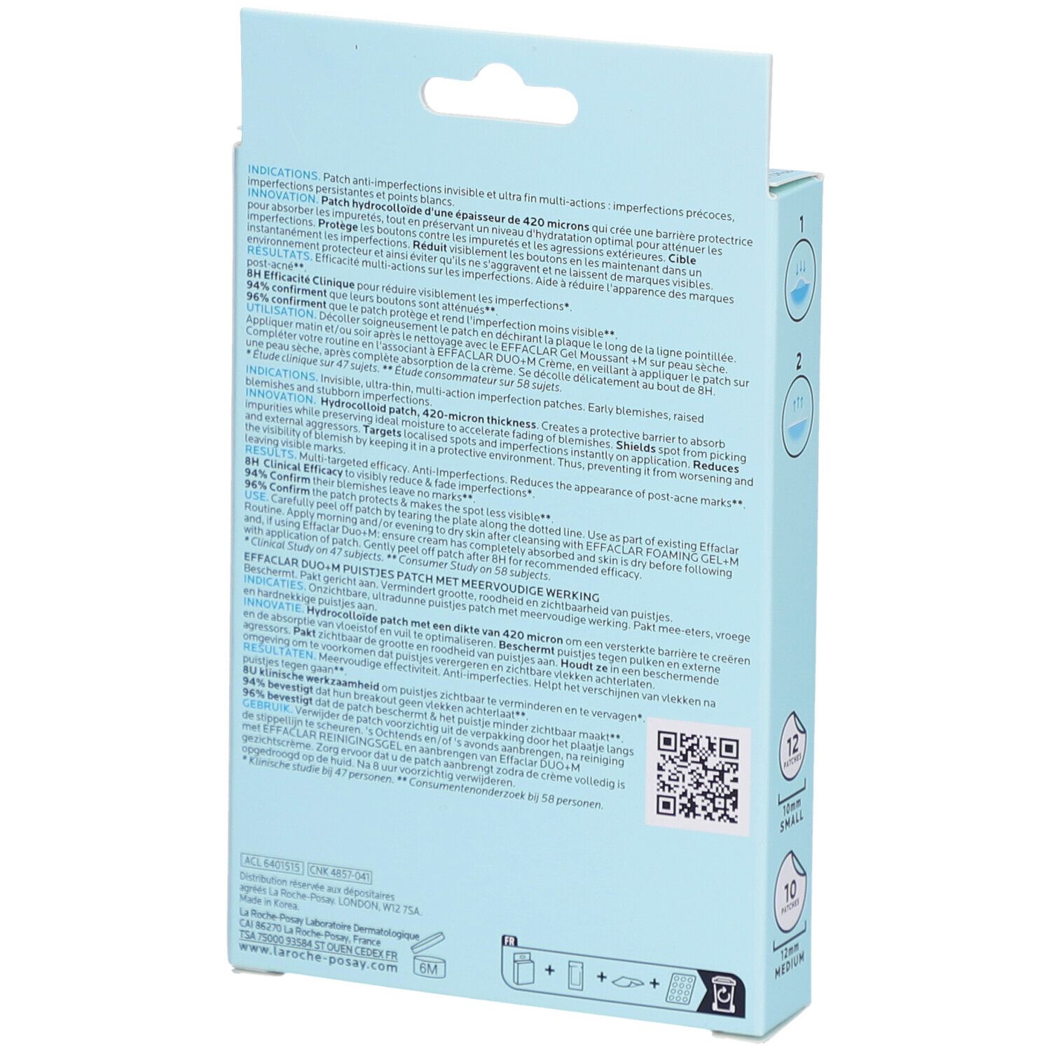 Retro della scatola azzurra Effaclar Duo+M Patch. Testo con informazioni e codice QR.