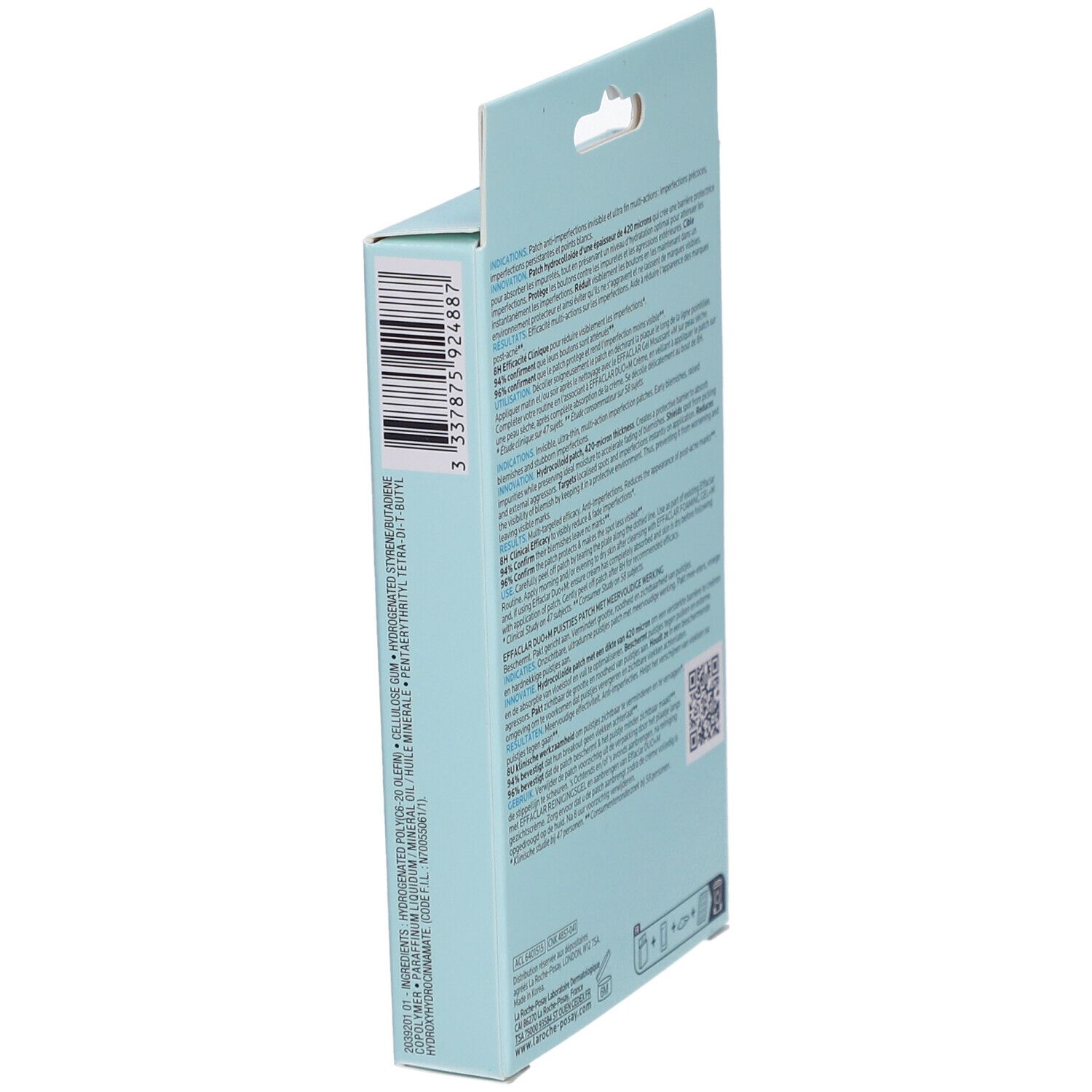 Vista laterale della scatola Effaclar Duo+M Patch. Codice a barre e testo.