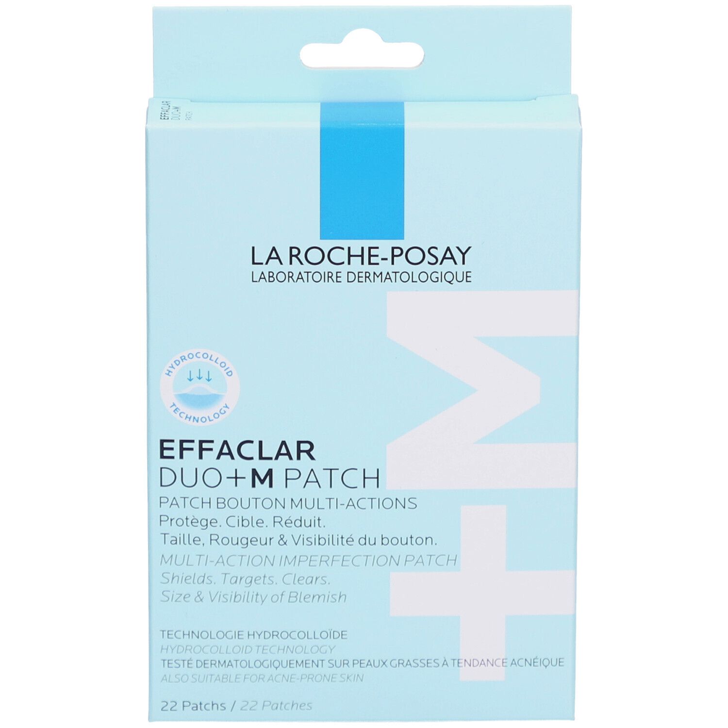 Scatola azzurra Effaclar Duo+M Patch. Vista frontale con informazioni e logo.