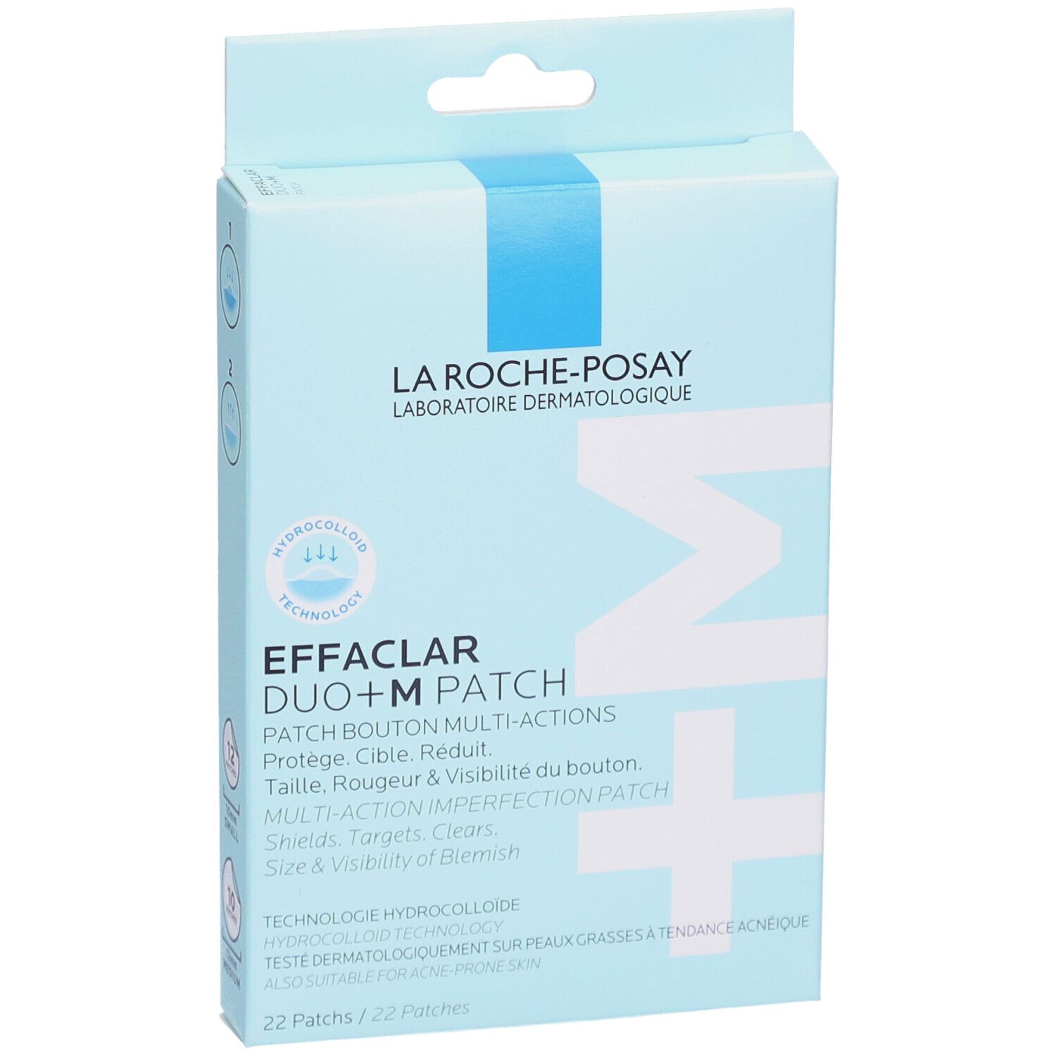 Scatola azzurra Effaclar Duo+M Patch. Vista frontale con informazioni e logo.