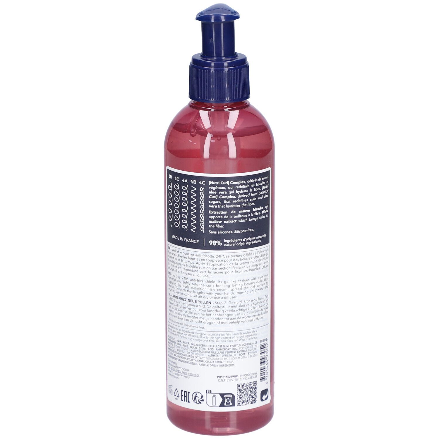 Liquido rosso in flacone trasparente con erogatore a pompa blu. Etichetta con informazioni sul prodotto.