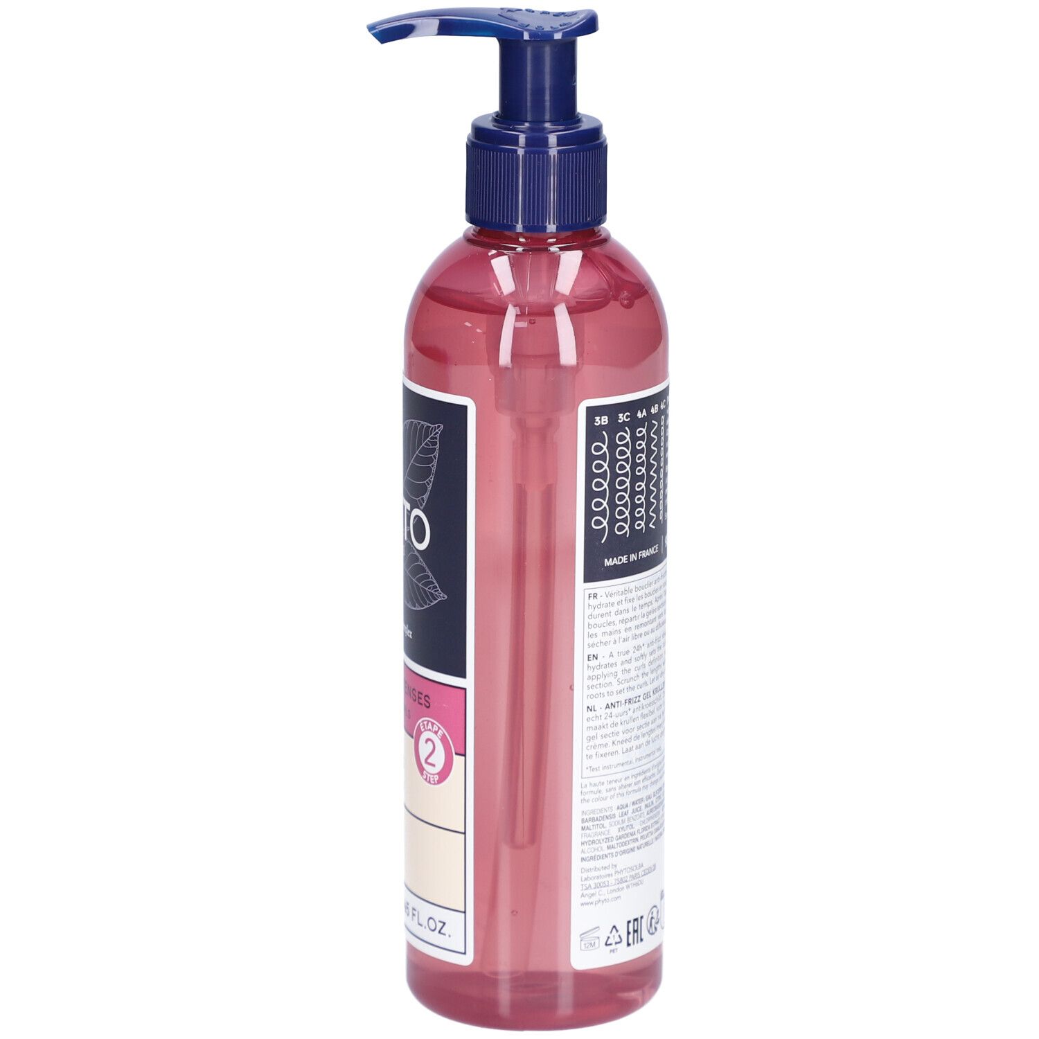 Flacone rosa trasparente con dispenser a pompa blu ed etichetta.