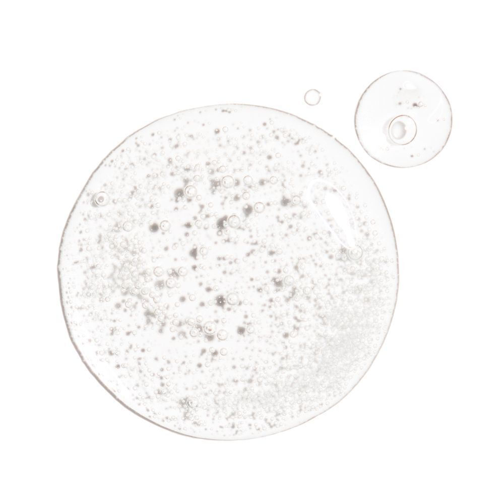 Liquido trasparente con bolle. Due cerchi, uno più grande e uno più piccolo, su sfondo bianco.