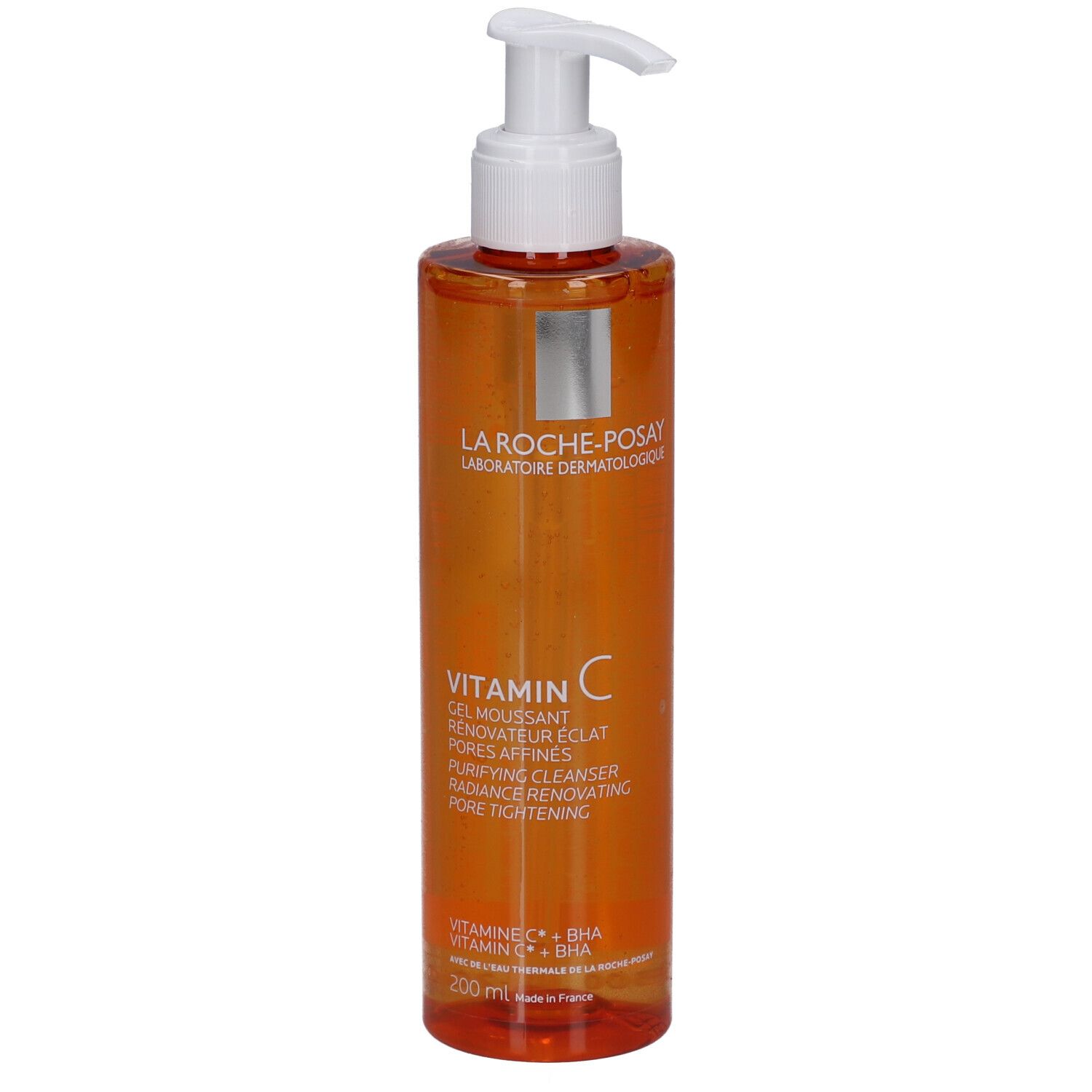 Flacone arancione con dispenser a pompa, detergente purificante La Roche-Posay Vitamina C, 200 ml.