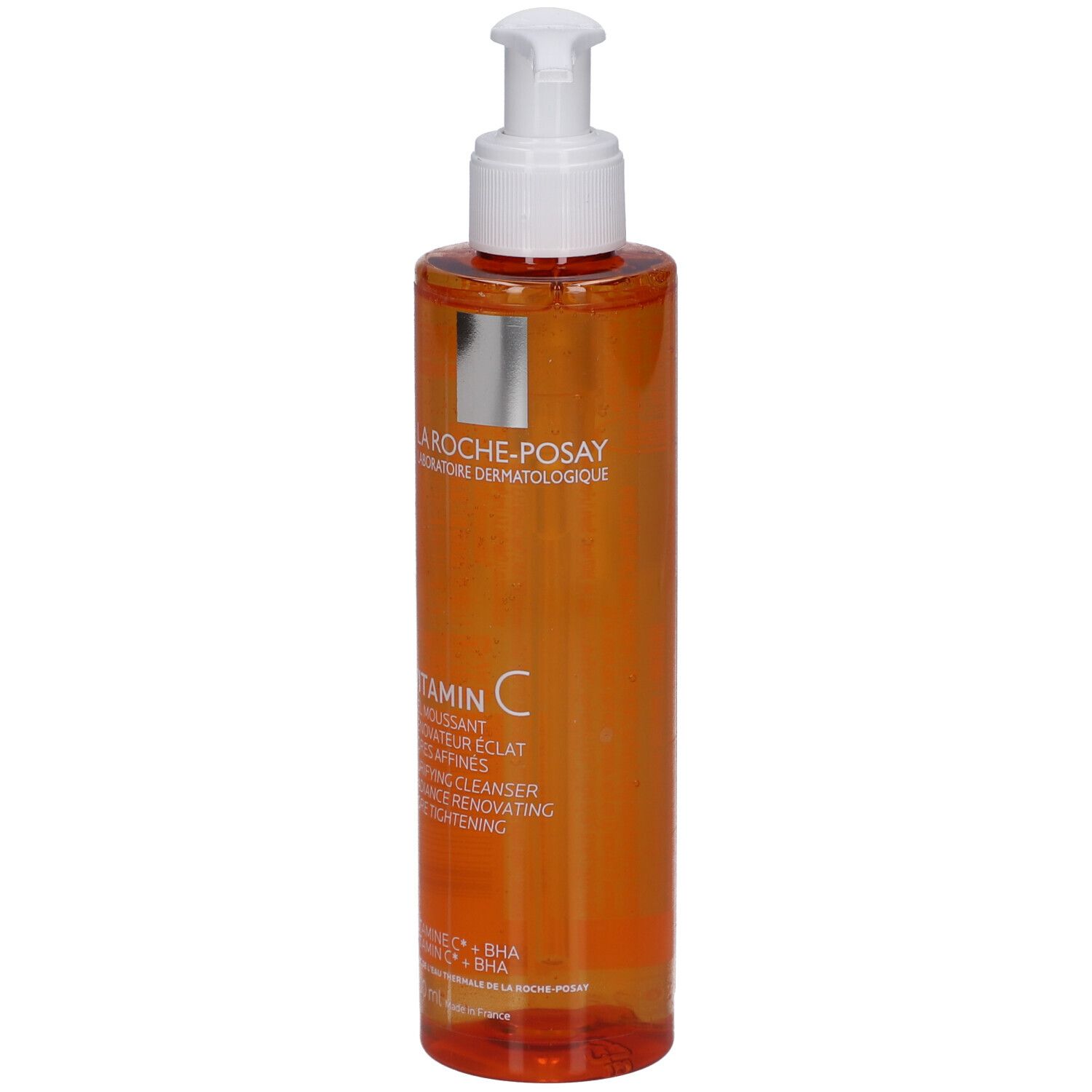 Flacone arancione con dispenser a pompa, siero detergente La Roche-Posay Vitamina C.