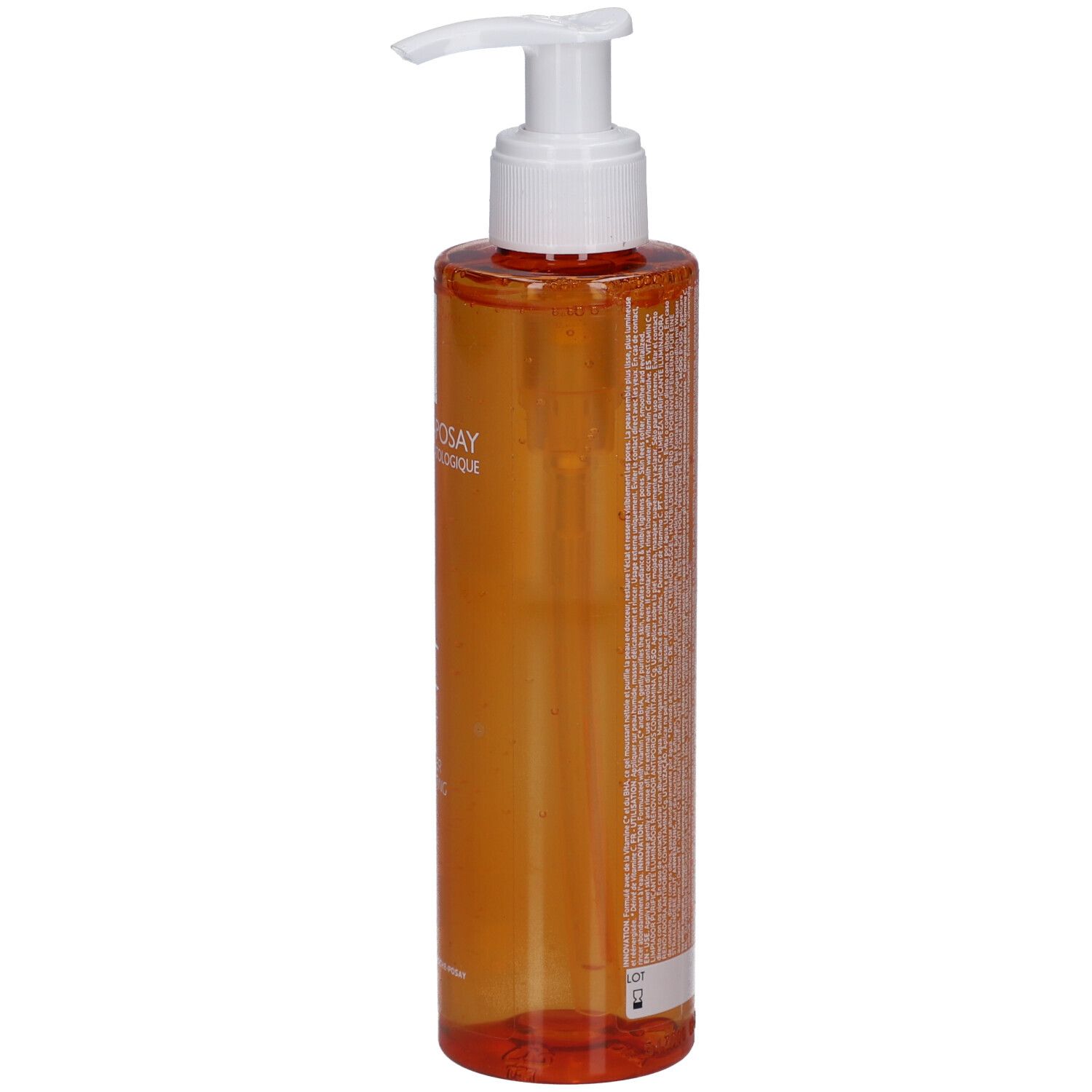 Flacone spray arancione con liquido trasparente e beccuccio spray bianco. Etichettatura sul flacone.