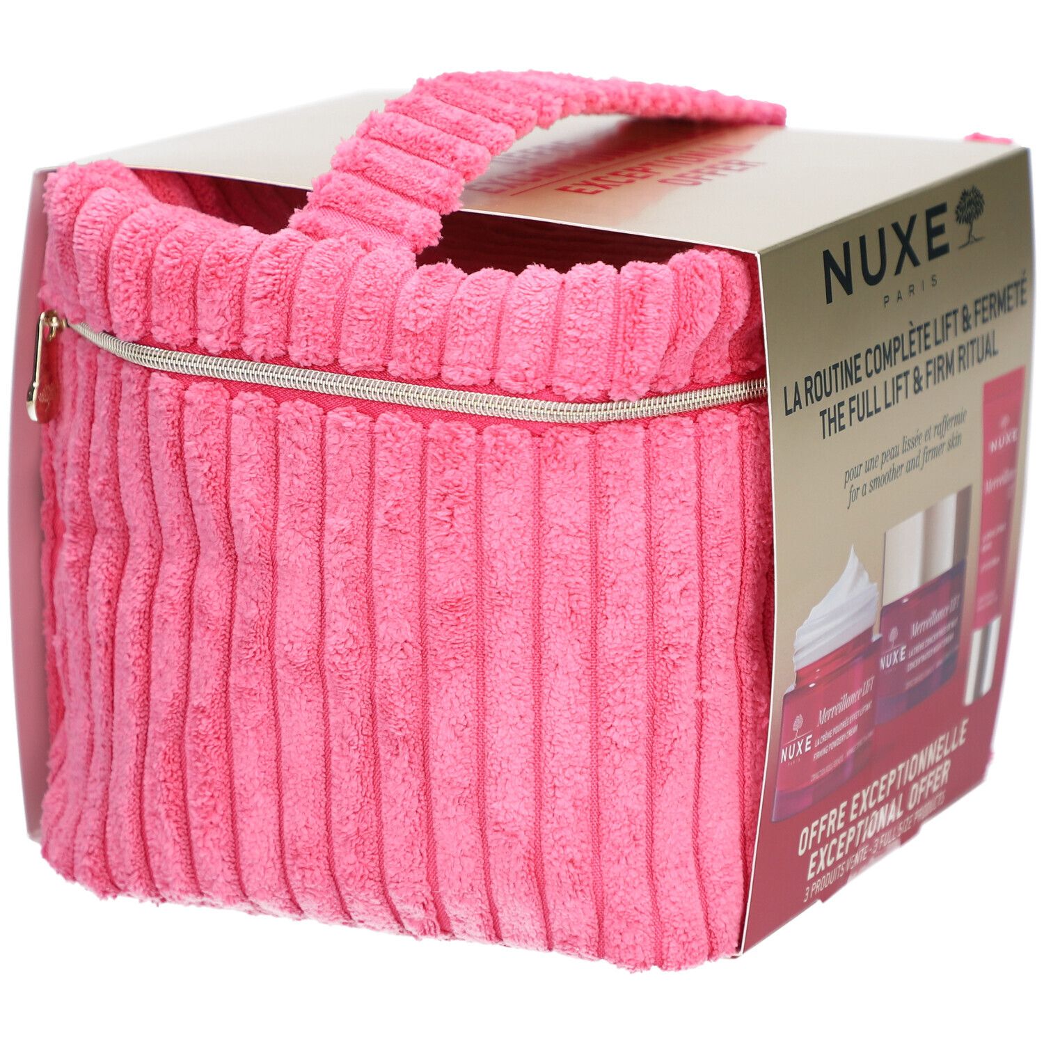 Nuxe Merveillance Lift Set in pochette rosa, vista laterale.
