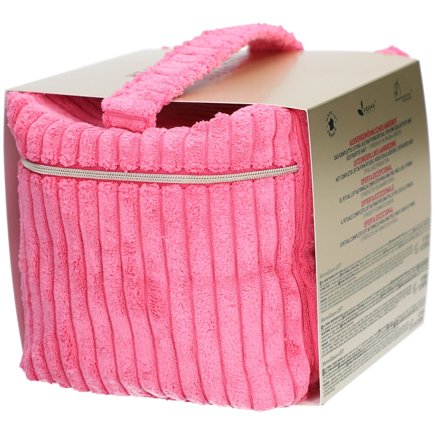 Nuxe Merveillance Lift Set in pochette rosa, parte superiore aperta.