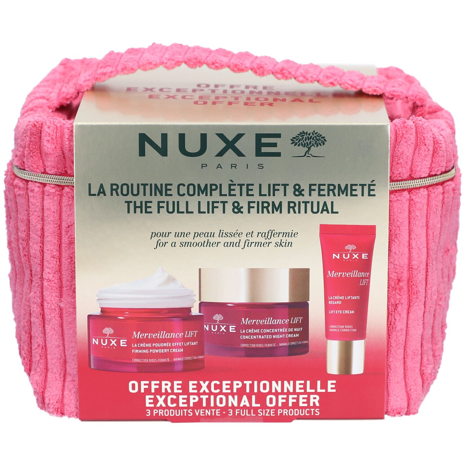 Nuxe Merveillance Lift Set in pochette rosa, vista frontale.