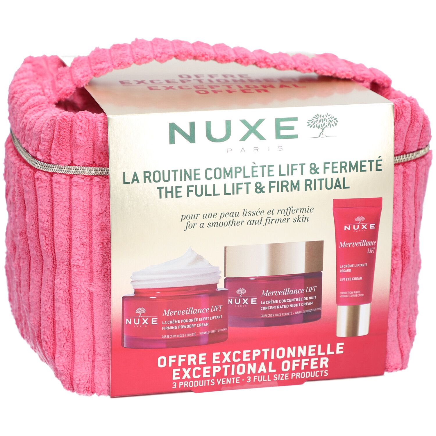 Nuxe Merveillance Lift Set in pochette rosa, vista frontale.