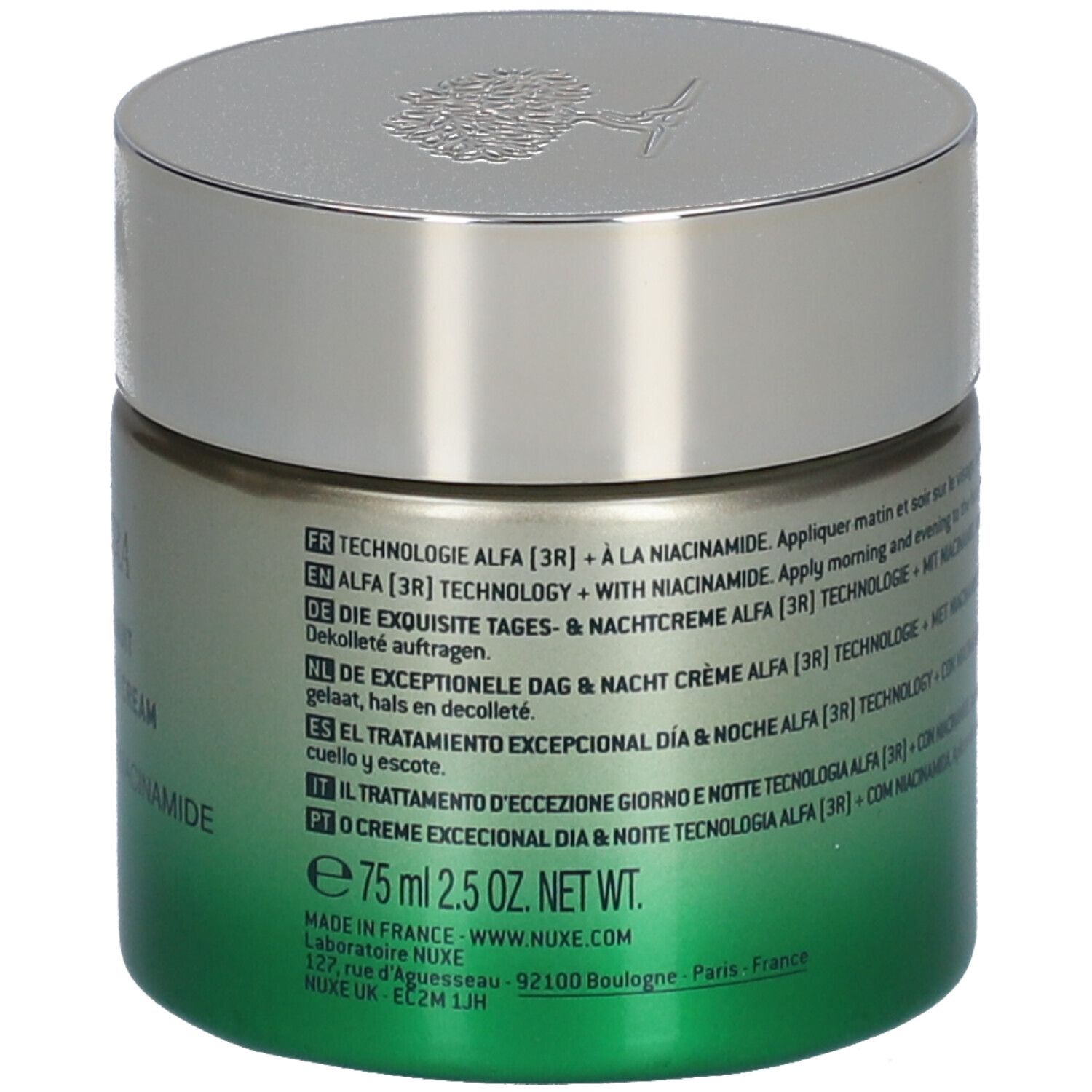 Vaso di crema con coperchio argentato. Scritta NUXE PARIS. Sfumatura verde-oro. Testo multilingue. 75 ml.