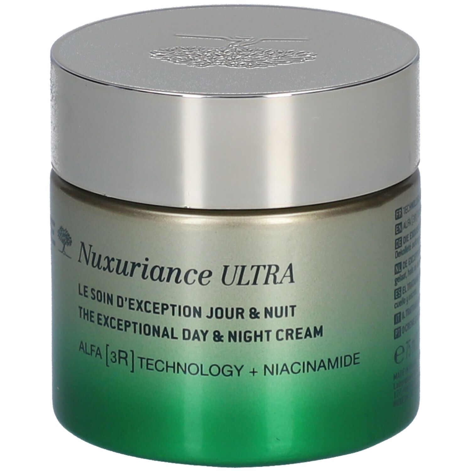 Vaso di crema con coperchio argentato. Scritta NUXE PARIS e Nuxuriance ULTRA. Sfumatura verde-oro. Testo in inglese.