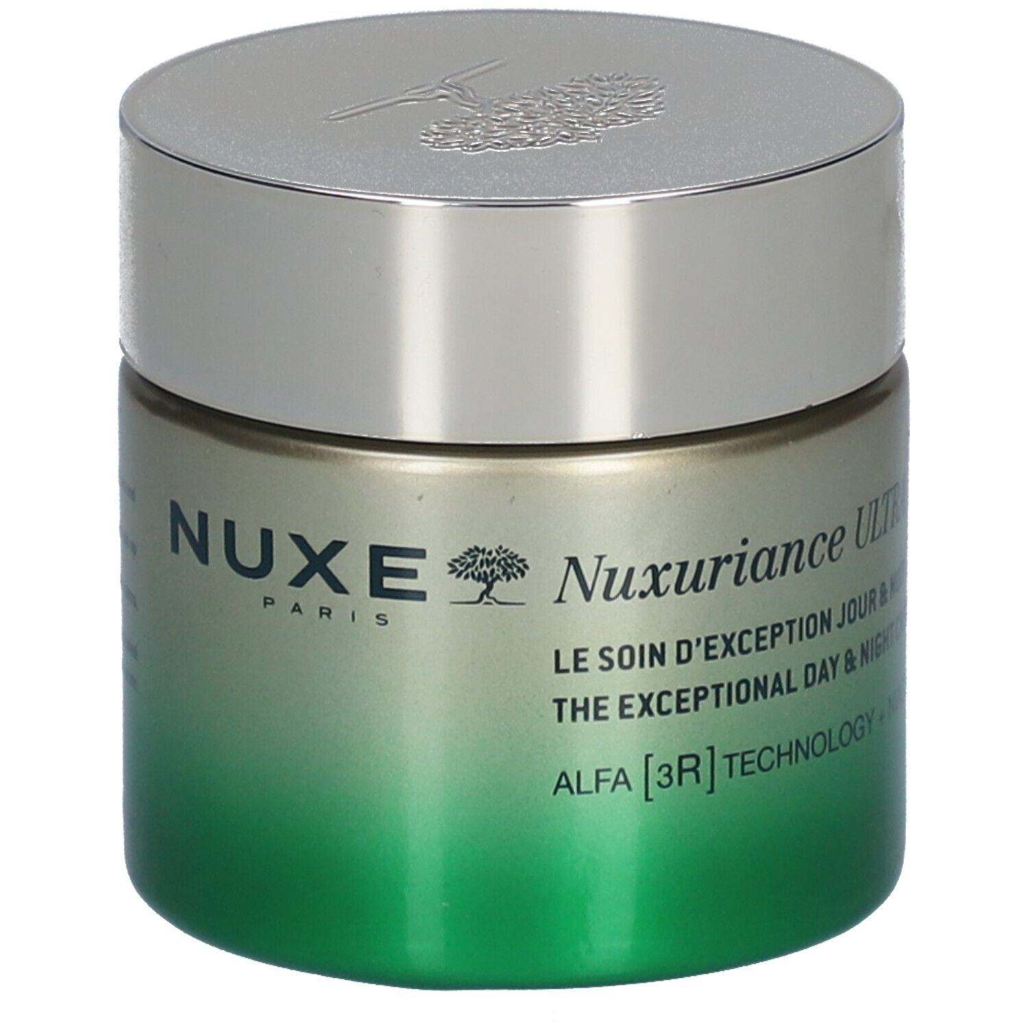 Vaso di crema con coperchio argentato. Scritta NUXE PARIS e Nuxuriance ULTRA. Sfumatura verde-oro. Testo in inglese.