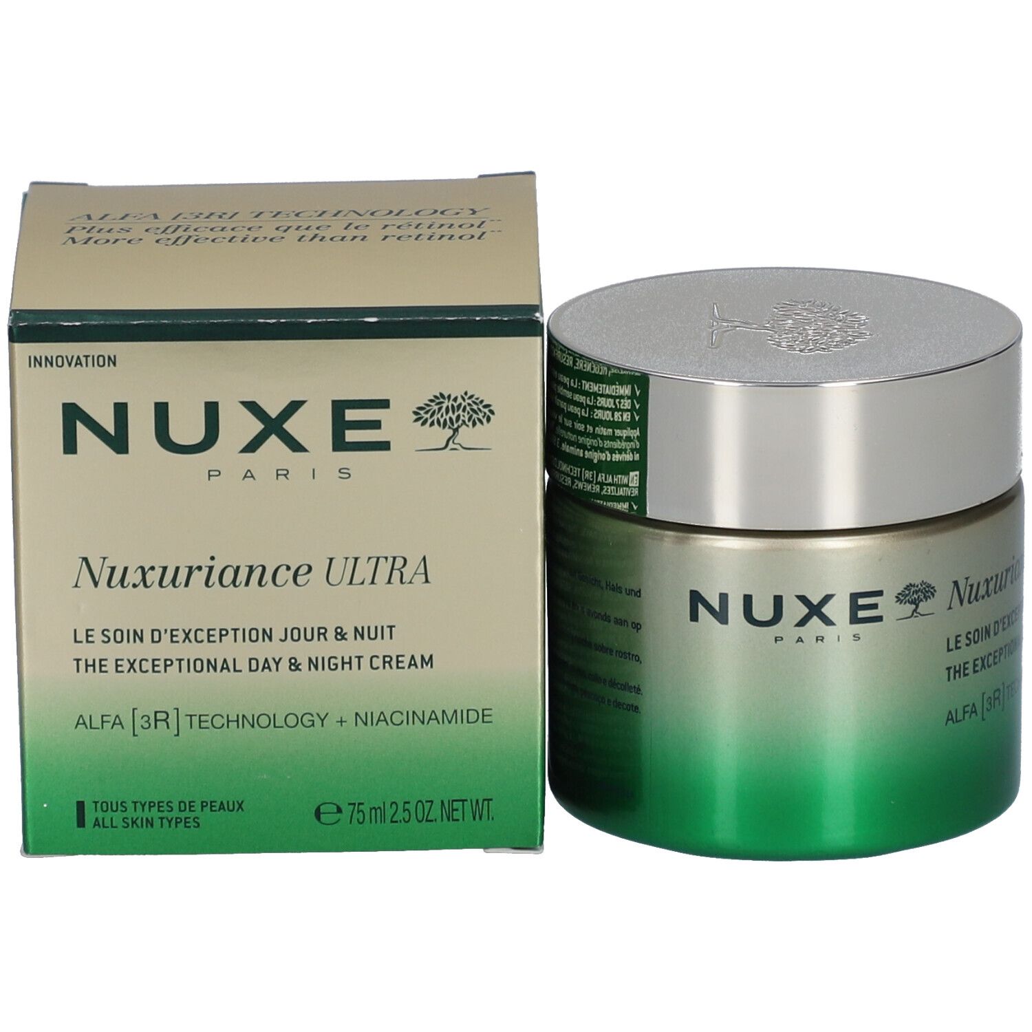 Confezione del prodotto con vaso di crema e scatola. Scritta NUXE PARIS e Nuxuriance ULTRA. Sfumatura verde-oro.